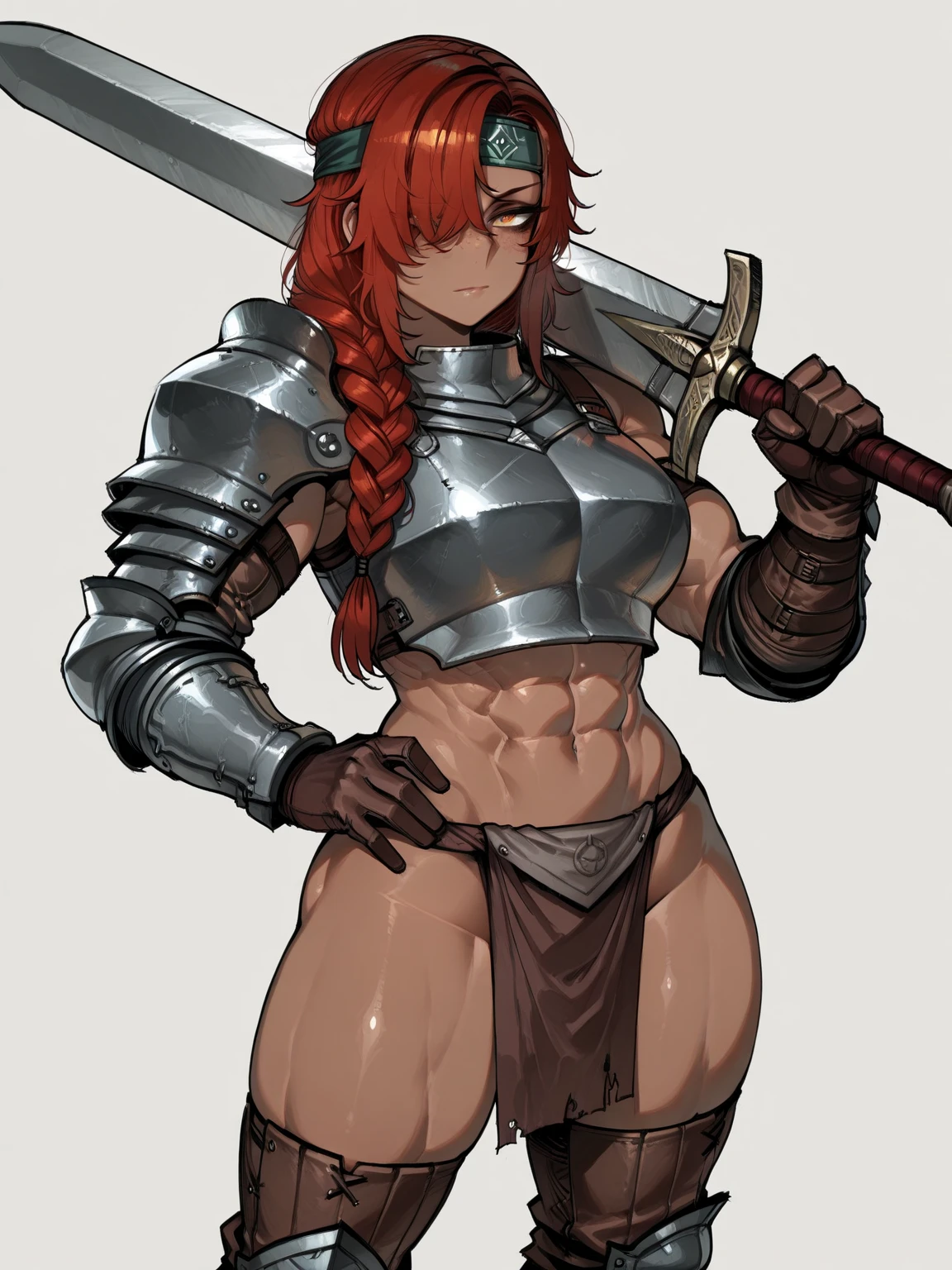masterpiece, extra limbs,1woman, 24years old, red extra short hair,red pubic hair,red eyes, big pointy breasts large areolas,(((dark skin skin))),smirk, (((abs curvy sweat))),((tall)),standing,hold a halberd,(((clothed fantasy bikini armor)))