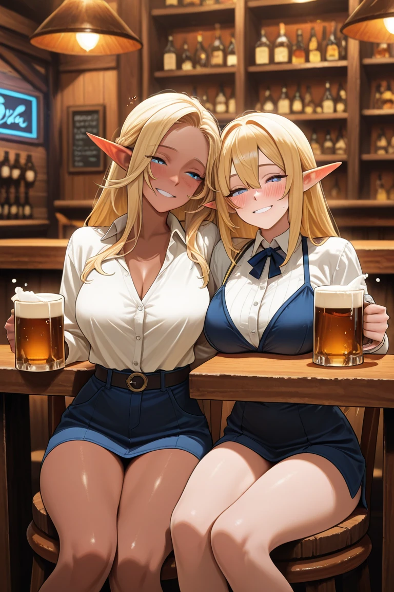 (masterpiece, best quality) detailed, dmarci, 1girl, solo, black leggings, silver accessories, denim jacket, blonde, elegant, pointed ears, casual posture, smiling, large breasts, looking at viewer, cafe,