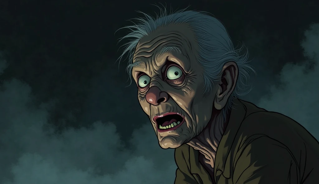 a young man trying to escape from an evil creepy granny with a wooden ugly face, her eyes is light red