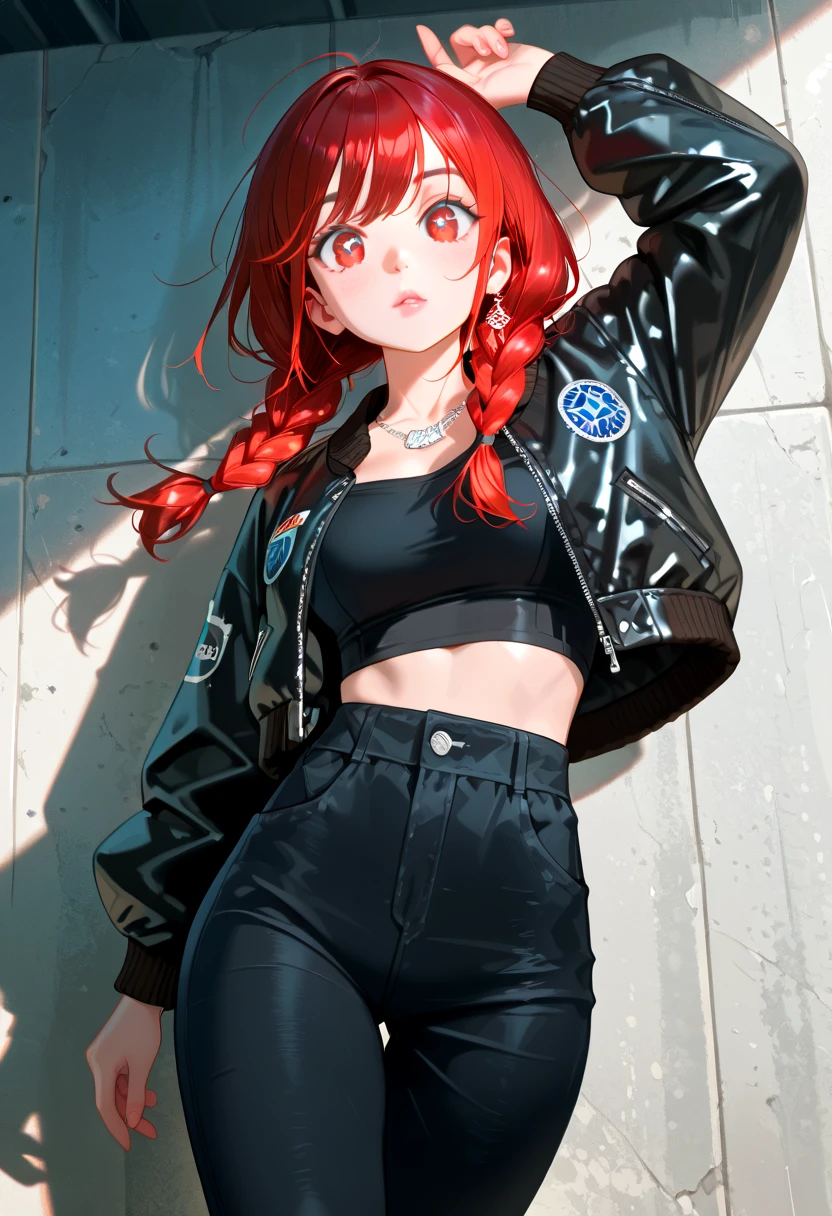(masterpiece, best quality), absurdes, retro girl, Miami, sunset, Ferrari, palm tree, 90's, red hair, braids, white thighhighs, black top, short jacket, high waist, belt, latex shorts, puffy cameltoe, red background, <lora:GoodHands-beta2:1> <lora:add_detail:0.4>