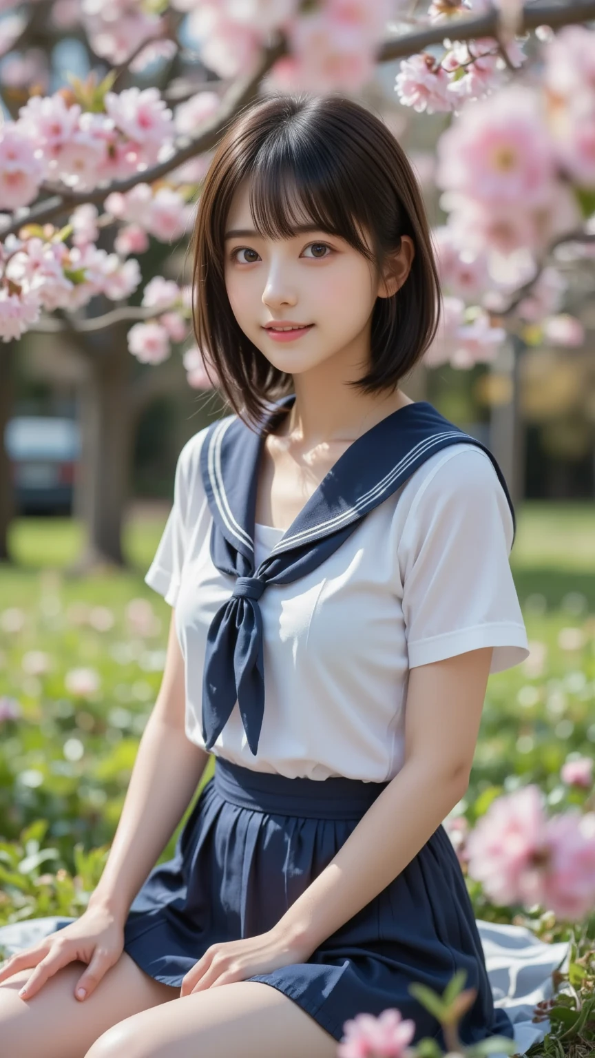 ((layered haircuts、Colossal tits:1.2)),(8K,highest quality),full body shot shot,Watching from a distance,Distant shots,hilltop,scenic view,There are flowers,Sweet girl,Sailor suit pleated skirt,Full body photography:1.9,pupils, Android, adolable, ssmile, Thin face, short detailed hair, 32K, tmasterpiece, Best picture quality,超A high resolution,Perfect hands,Looking_at_peeping at the viewer,