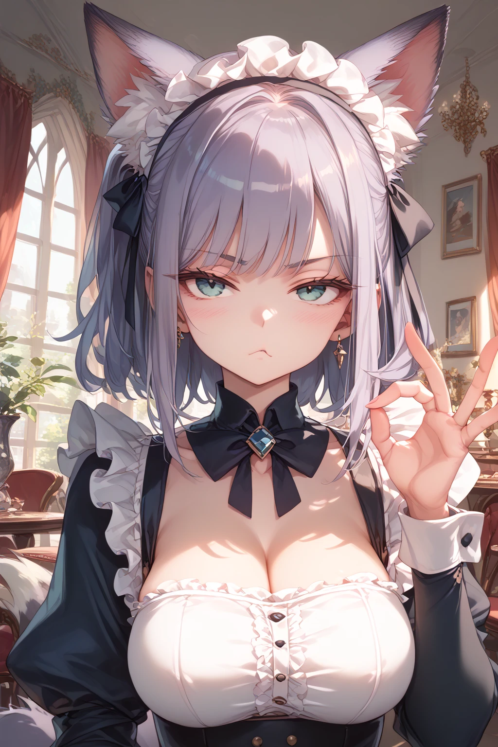Absolutely beautiful cat lady, perfect slim body, mature royal sister, gray hair, royal sister face, maid outfit, sexy and alluring, beautiful face, bust, 4K picture quality, big body, feminine expression, blush shy, large bust, deep eyes, half naked