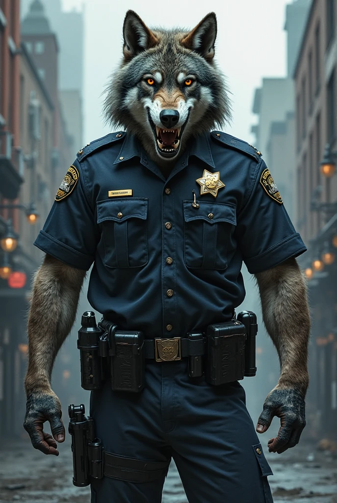 A police officer dressed as a wolf