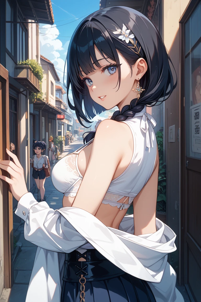 masterpiece, best quality, highres, 1girl, solo, bangs, light makeup, glossy lips, highly detailed, illustration, FGOErice, (pleated miniskirt), (lace panties:0.8), city, looking back at viewer, midriff, halter top,