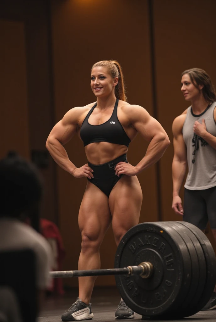 Best quality, masterpiece, ultra high res, (photorealistic:1.4), Jennifer Lopez, very cute, highly detailed face, highly detailed brown eyes, medium breasts, athletic physique, bodybuilder veins, highly detailed veins, veins everywhere, highly detailed toned abs, visible extremely vascular abs, highly detailed muscular legs, visible extremely vascular legs, highly detailed hands, wearing tight tiny shorts, wearing sports bra, standing alone, in the gym