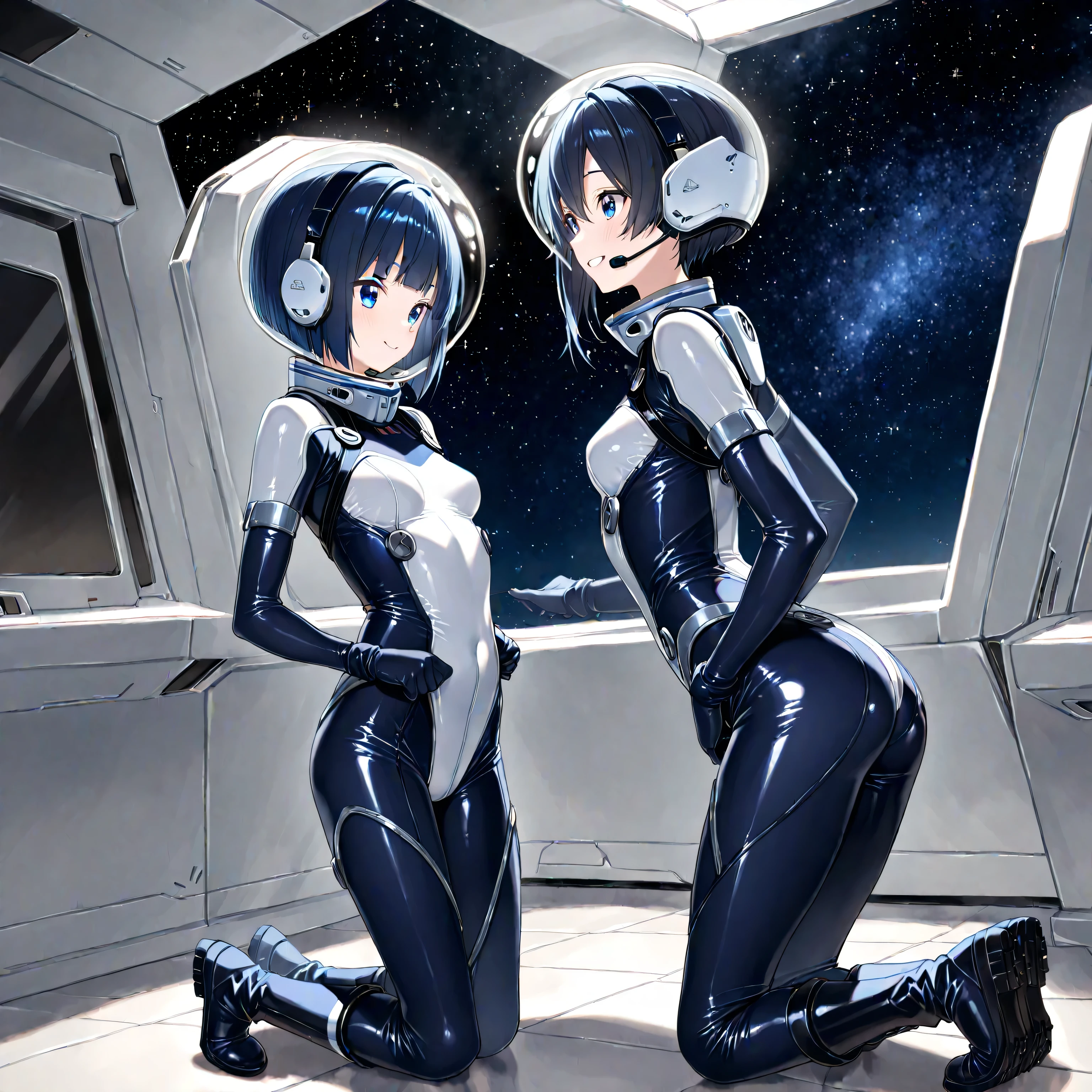 (Masterpiece, Best Quality, Best Resolution, Very Elaborate CG, Cinematic Lighting, Ray Tracing, Drop Shadows, Detail Detail, (Photorealistic), High Quality Textures, Realistic Look, Very Detailed, Sharp, High Quality, Leading Edge, Beautiful Rendering, Dramatic Pose, Detailed Shading): (Solo, Girl Alone, Japan face, short blue hair, cute girl face, short, small size breasts, sparkly blue eyes, eye level shots, pilot suit in white and blue color, tight-fitting clothes, clothes covering the whole body, light grin smile, beautiful, slim body, exoskeleton, heroine, headset, long boots, gloves, airplane control panel, tools, radar display, Touch panel, various indicators, levers, computer keyboard, mouse, warning light, fuel gauge, pressure gauge, base outside the window, control stick, thick manual, wireless communication device)