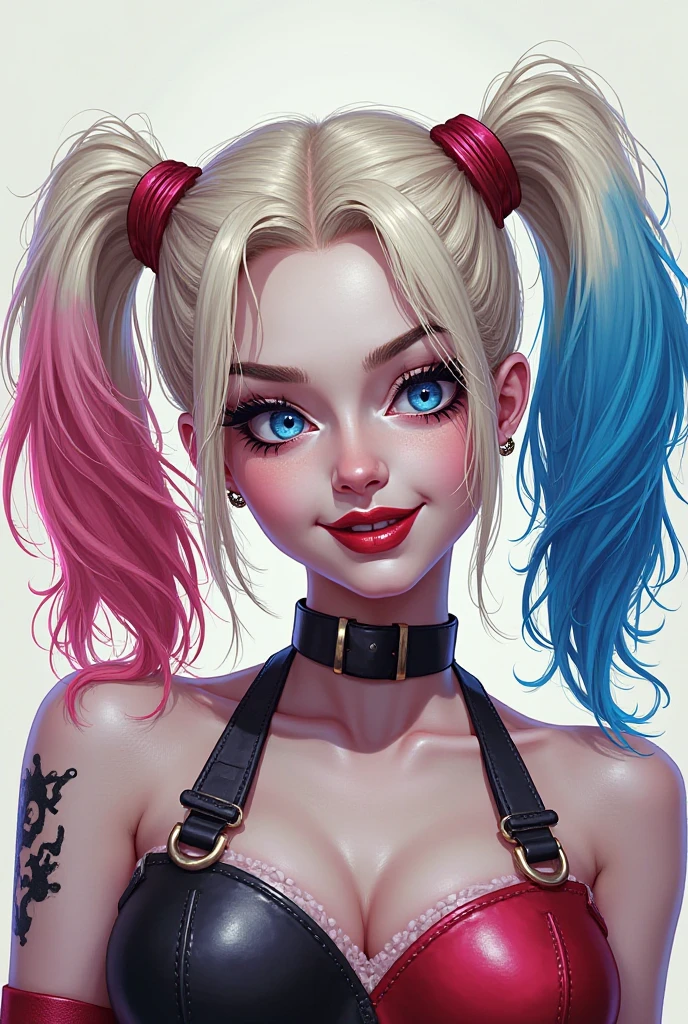 Create a color digital line art portrait of medium photo of the character of harley quinn from margot robbie Include colorful drips, paper texture, and perfect shading, with dramatic lighting. The artwork should be centered, stylized and elaborate, with a beautiful dress, beautiful eyes and a dynamic pose. TanvirTamim. rendered in 8K resolution for high-quality detail