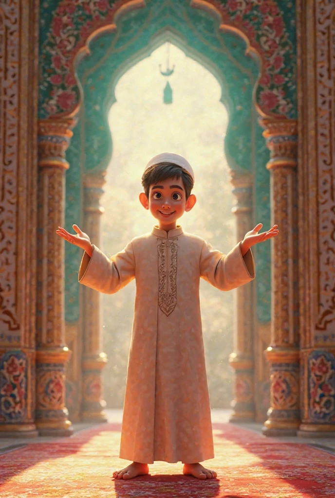 muslim boy,raise palm hands opposite the shoulders