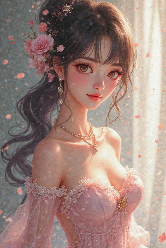 1 girl, big breasts, Floral, Lisianthus ,light pink and light blue styles., dreamy romantic work., light pink, Intangible documents, fun arrangement, fantasy, high contrast, ink stroke, explosion, over touch, Impression of purple and red tones , abstract, negative space,