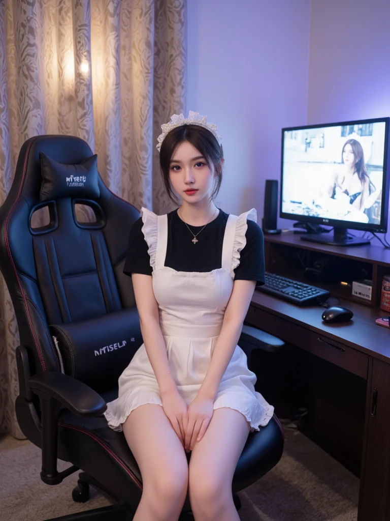 (Bird-eye perspective : 1.5), (((SFW : 1.2))), (intricate details:1.2), (masterpiece:1.3), (top quality:1.4), (Ultra A high resolution:1.2), 8K resolution, dark, (high quality), A woman is filming a Twitch broadcast, she is twitch streamer, she is look happy, korean, 23 years old, fairly slim body, femme fatale makeup, slim waist, her legs is slim and beautiful, fan service, hair turned to one side, hair bang, she being weared tight maid uniform cosplay, wearing pantyhose in the maid uniform skirt, this scene is Personal broadcast interface screen, BJ, female's Cam, on a private broadcast., Shooting equipment, various props, a Girl's Room for personal photography purposes, being sexy pose and dancing on the chair, cowboy shot, her gaze looking downward, she is talking funny with you, daincing, both elbow and arms up, shake the hip, she makes interesting reaction poses herself, microphone on a desk, Chat communication with viewers, Show chat log, Show viewers list, twitchchat, blackout curtain installed background, indirect light, language is Korean, thighhighs,화면에 이 영상의 조회수가 올라가고 있습니다, 그녀의 영상에 열광하는 시청자들은 그녀에게 온라인 후원을 하며 그녀에게 채팅을 요구합니다. 화면 분할됨, 그녀의 방송 화면을 화면 밖에서 지켜보는 남자