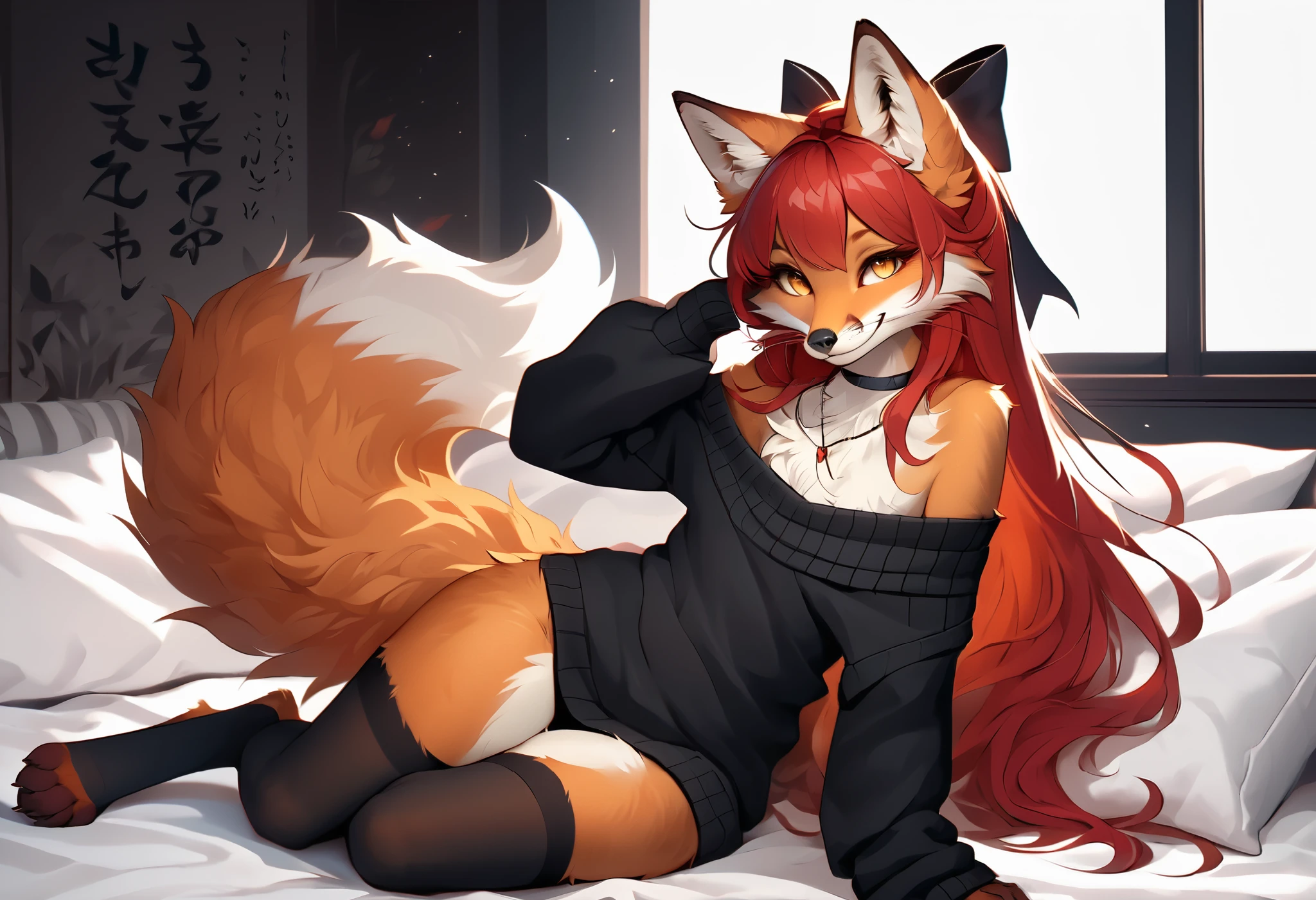 full body、Solo、unpralleled masterpiece、Detailed、Beautiful、score_9、score_8_up、score_7_up、score_6_up、moody atmosphere、mysterious、fox、anthro、female、furry、orange fur、yellow eyes、fluffy tail、foxy whiskers、(long hair、beautiful hair、scarlet red hair、side swept hair、bangs)、(fur tuft on chest、tuft of fur)、(digitigrade、claws、fox paws、exposed feet)、(heavily shaded orange body、dark black shading on body)、(sassy pose、sassy hips、sassy、flirtatious)、smile、wearing (Black simple stylish long socks、non-transparent thigh highs、Black crop off shoulder sweater、Colored hair bow、Classic long necklace)、indoors、in a bedroom、pillow、divine incantations on walls、japanese calliography