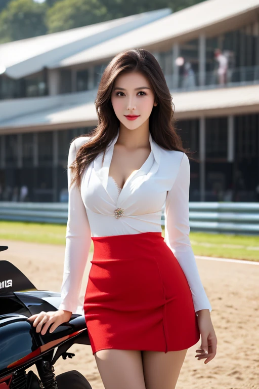 best quality, masterpiece, beautiful Japanese woman, (((race queen, grid girl))), (huge breasts), ((racing circuit)),