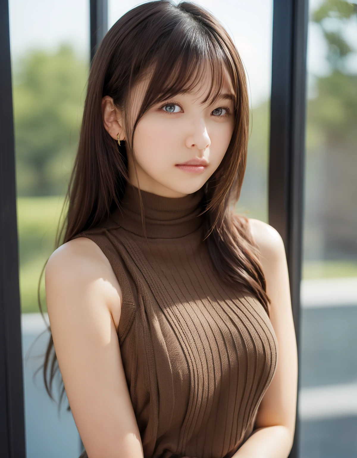 best quality, masterpiece,  (realistic:1.2), 1 girl, brown hair, brown eyes,Front, detailed face, beautiful eyes