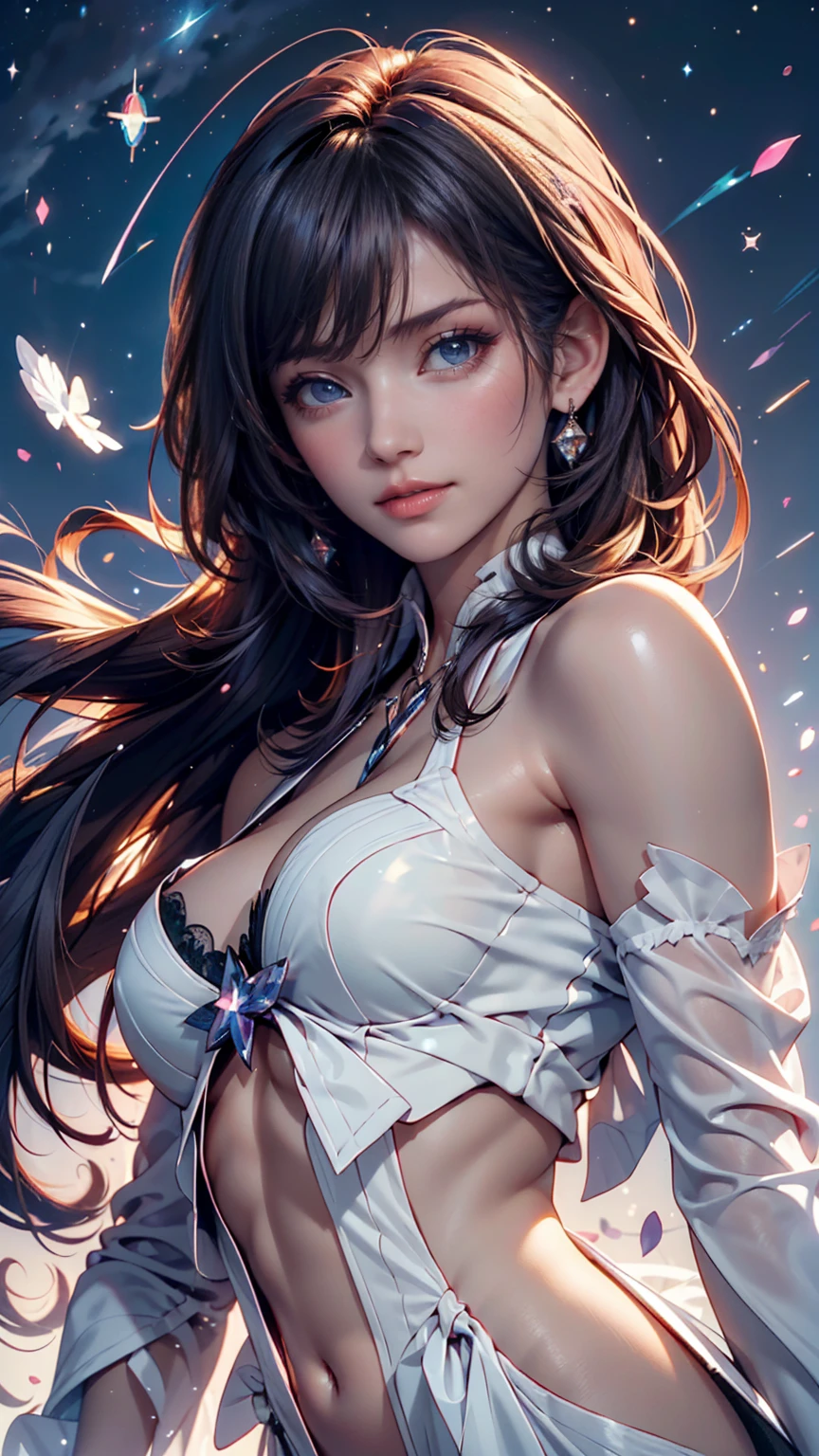 (((masterpiece))), (((best quality))), ((ultra-detailed)),(highly detailed CG illustration), ((an extremely delicate and beautiful)),cinematic light, Create a stunning fantasy artwork that mimics the style of currently trending masters of the genre. The art piece should contain elements of both mythic fantasy and fairytale fantasy with colorful rainbow accents and dark jewel-toned hues. ((Utilize the rainbow as the main color scheme.)) The character in the artwork is a delicate but strong figure with an aura of mystery and magic. Pay close attention to intricate facial features, such as mesmerizing eyes with vibrant colors and bold shading. The character's clothing should be designed with gossamer feathers, silk, stunning embroidery, and subtle iridescent details. Incorporate (((translucent iridescent rainbows))), dreamy colors, dynamic lighting, and detailed background elements to create a sense of awe and immersion. ((Include colorful flying magical birds and jewel-toned rainbow butterflies radiating a magical aura.)) Consider the latest trends in fantasy art, such as incorporating unique lighting effects, exploring dynamic and compelling composition techniques, and experimenting with unique color palettes. Take inspiration from the top artists on ArtStation and Midjourney. Camera: Choose an angle that highlights the character's beauty and enhances the magical majesty of the artwork. Lighting: Utilize atmospheric lighting techniques to create depth and mood. Resolution: Aim for a high-resolution artwork to showcase intricate details and clarity. Art Inspirations: Seek inspiration from the trending artists on ArtStation, exploring different styles, genres, and themes.