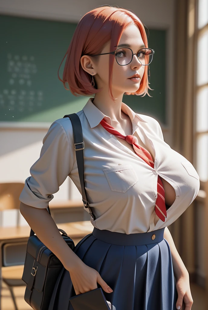 Young white small Girl with red hair, Elementary school, lively eyes, detailed face, short, small frame, cute, perfect well defined thin body, big_breasts, huge_boobs, round_breasts, showing_cleavage, dressed in small cute sexy Clothes, low_cut_blouse, detailed, hd, 4k, perfect face, detailed anatomy, detailed sex, perfect body, full body