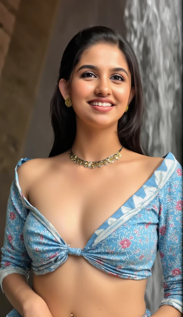 A Indian 20 year age girl wearing blue silk saree, praying in shiv temple, hands are closed, smiling expressive face, detailed face, beautiful lips, perfect body, fully covered body, modern family inheritance, beautiful eyes, looking at the camera with shyness, most beautiful woman in the world, High quality, textured hair, black hair, High quality, hdr, 8k,((best quality)), ((masterpiece)), (detailed), perfect face