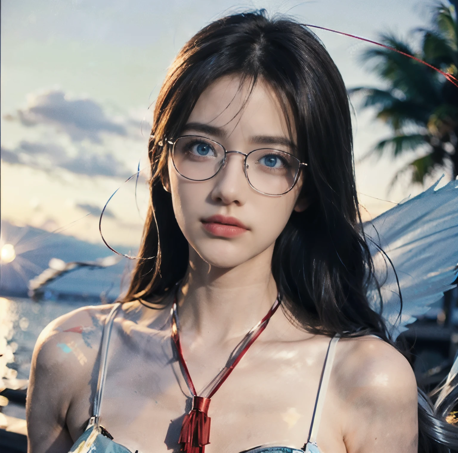 Girl with glasses，（best qualtiy，8K，tmasterpiece:1.3），Goose egg face，largeeyes，long eyelasher，With bangs，Cool handsome，Domineering，Exquisite（live-action realistic style），Star-like eyes，Ultimate face，Photorealistic light and shadow，Clear facial features，Milky white skin，Fair skin， highdetailskin， Realistic skin details， Visible Pore，（Super detail），Petite body，（perfect bodies：1.1），Carmelto， full bodyesbian，beachside，swim wears，sandbeach，Tattooed with，（（dynamicposes），and hold your head in your hands，Be red in the face），（（early evening，Get wet with water）），((Dynamic background((Rough waves)) ，Dramatic scenes