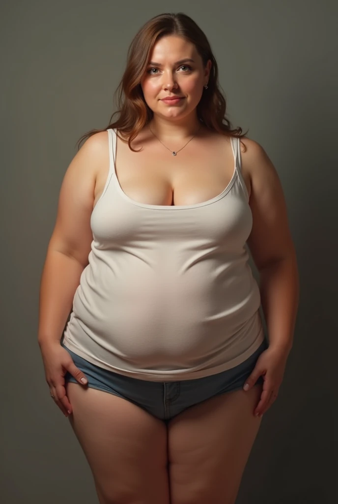 Create a photo of a 30 year old young woman, with a slender and beautiful body, wearing a white low-cut tank top and jeans, with white and clear skin, with long light brown hair and has her back to the camera as she is lifted high by the waist by an obese black 90 year old lady, dark black skinned, who has short hair, who wears glasses and a blue dress