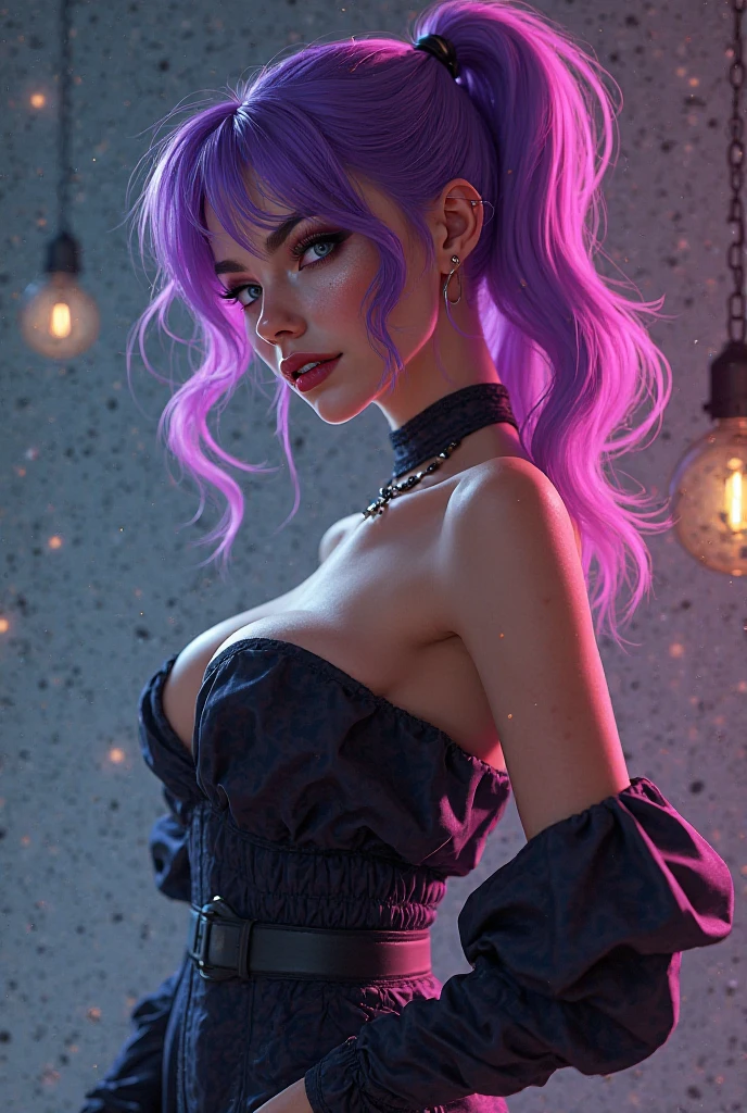 Best quality, Masterpiece, Portrait, Perfect anatomy, Femininity, Cool, Flawless, , Solo, Sexy, Stylish, Mature, Purple eyes, Long light pink hair, Mole above lip, Red lipstick, Big breasts, Outfit, in a restaurant with a girl with light blue hair drinks champagne, candles, flowers
