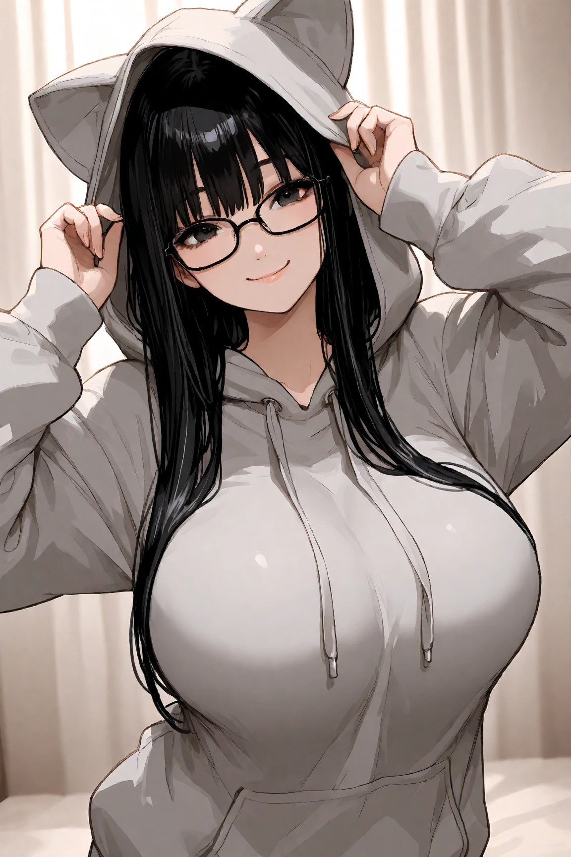 One Girl with black straight hair, straight hair, shoulder lenght hair. Brown eyes, wearing glasses, hair parted in middle, no bangs, no fringe, hair parted in center, round face, little chubby. Soft smiling. Perfect body, perfect anatomy, detailed face, perfect hands, perfect fingers. Perfect body proportions. HD, clear picture. hairstyle with a center part, that the hair should be parted down the middle, creating a symmetrical look without any frontal hair covering the forehead. Wearing hoodie. Cute pose.