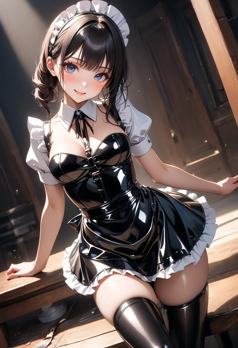 ((highest quality)), ((masterpiece)), (detailed), Perfect Face,gothic style,In a mansion,light smile,Embarrassed,beautiful girl,crinoline,lace socks,velvet,corset,panty shot,grab clotch,oiled skin,wet,kneeling,Spread your legs,