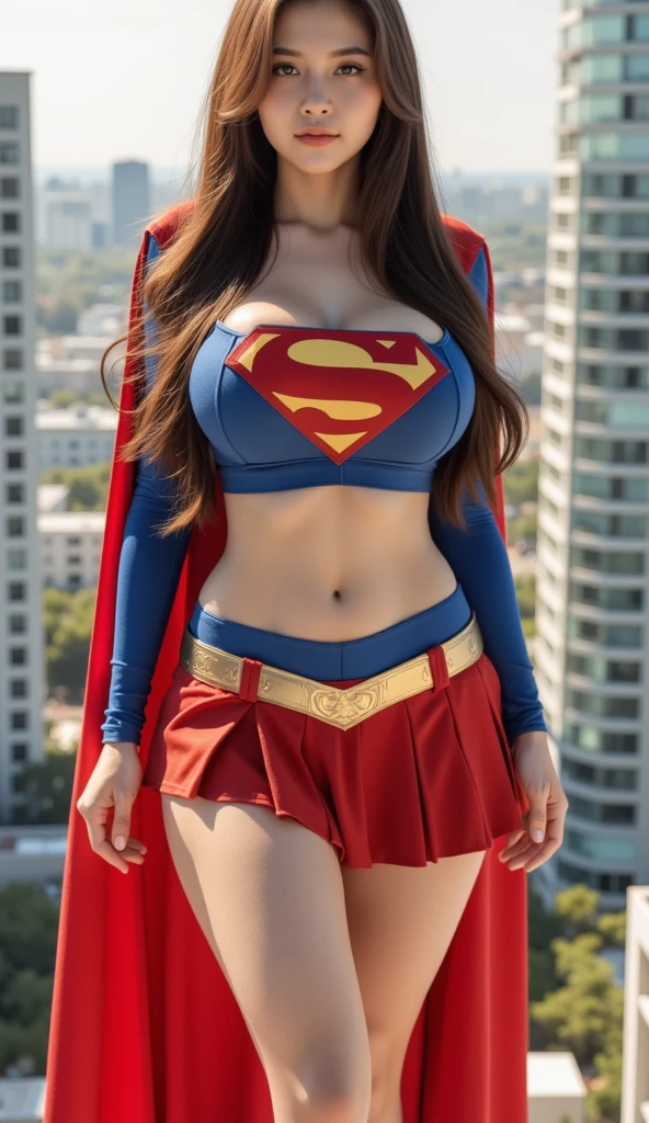 (Best quality, masterpiece, absurd)),1girl:1.3, solo:1.3,Beautiful woman,blue expressive eyes, beautiful woman,long blonde hair, 21 years, solo, 1girl,hourglass body,huge breasts, defined body, wearing superman cosplay((Supergirl cosplay bodysuit, skirt (waist up to half of thigh)supergirl, supergir short red cape)), bright colors