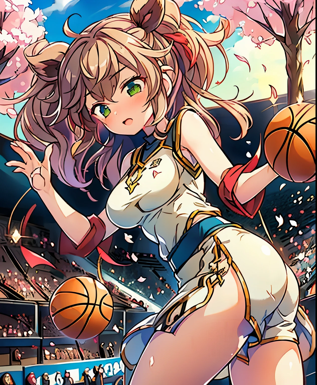 ( masterpiece、 Top Quality、 Top Quality、official art、 beautiful and beautiful :1.2)、(one girl from before the evening:1.3) ,、Light green twin-tail, beautiful breasts,Only one female, ( dynamic posing:1.2), /(basketball uniform/), determined expression , (masterpiece Top Quality:1.2) delicate illustration super detailed, NBA basketball players, クロップトップのbasketball uniform,They are playing a fierce game. players dribble at speed、aim for a basket in the air,highlighted shining basketball that is playing a fierce game、lively action scenes, Inside the gym、basket coat in navy blue and red、audience、Inside the stadium、slam dunk、Dunk Shot