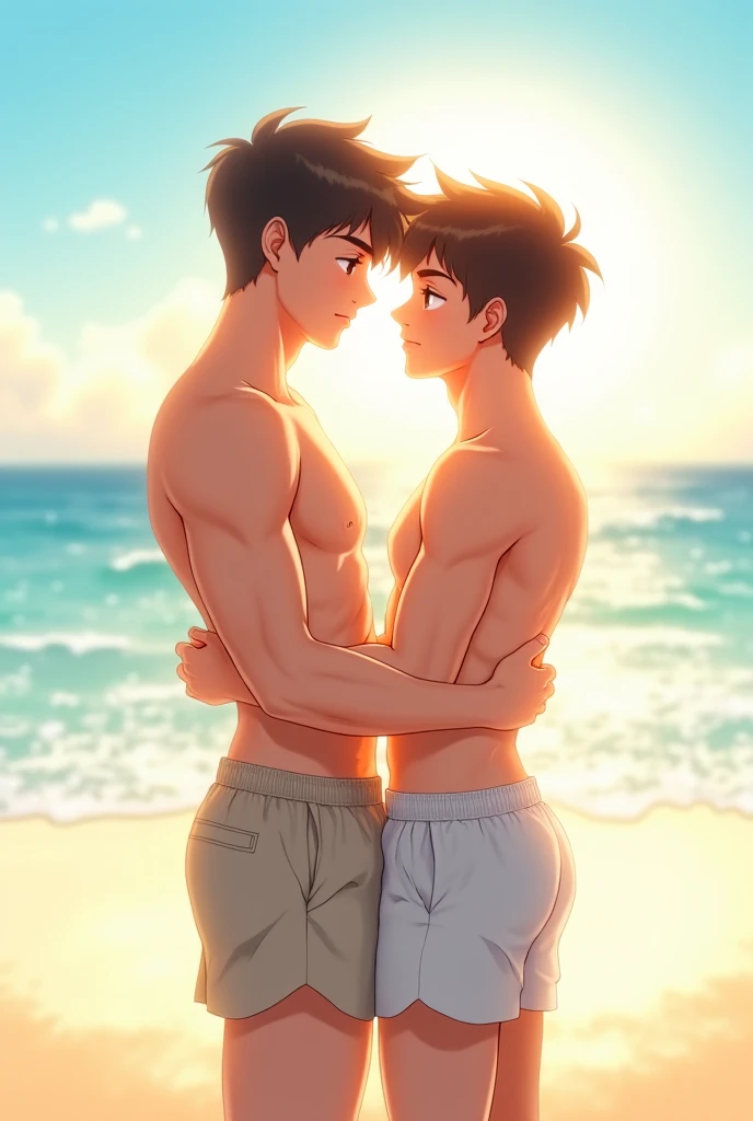 Two boys are at a crowded beach. The first boy has black hair, brown eyes and is standing naked, embarrassed, and is blushing with a surprised face. The second boy hugs the first boy with reddish-brown hair, blue eyes, and is naked. other boys are laughing at them. (View from behind)