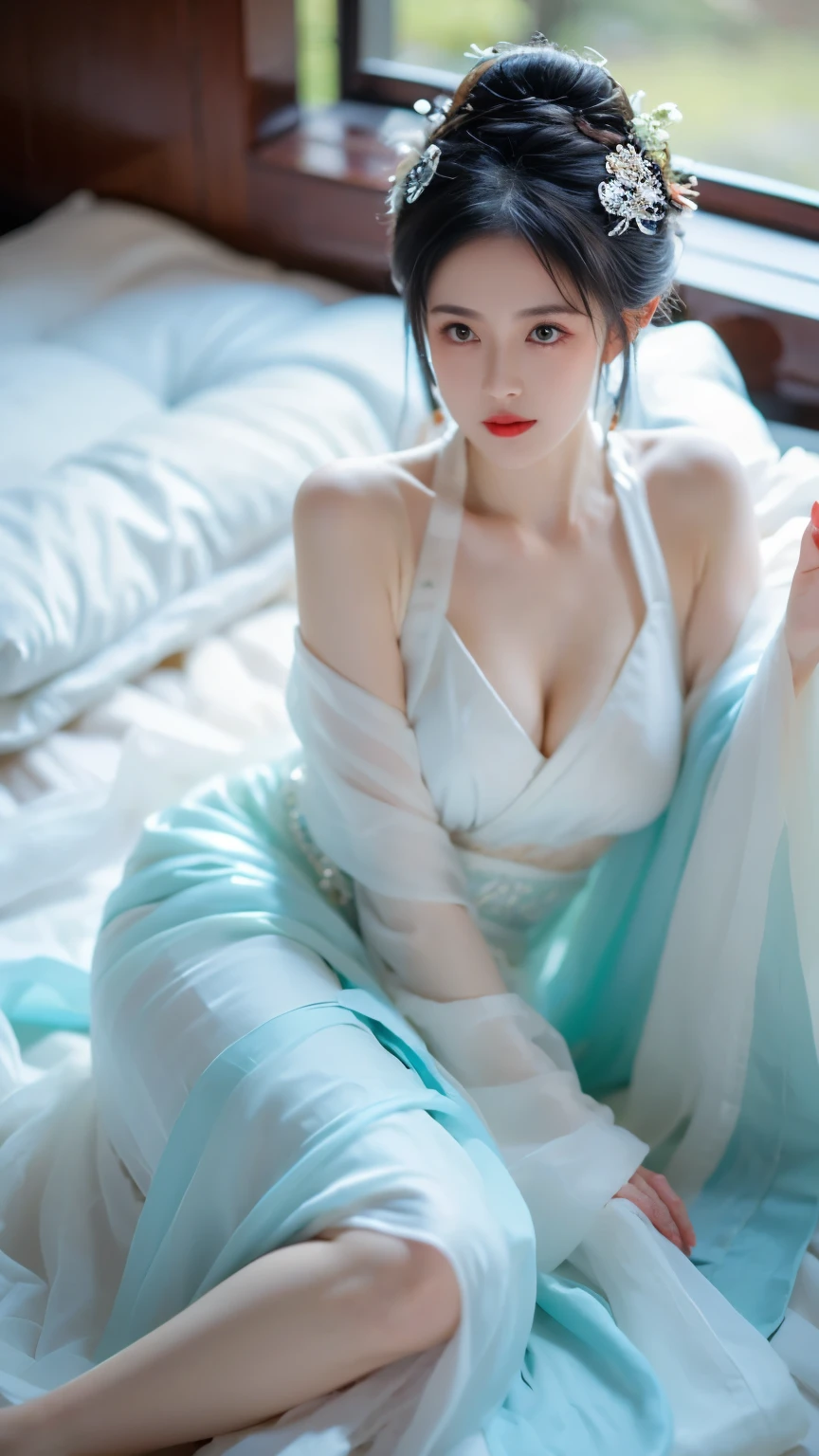 ((knee shot))，((Aerial view)),(masterpiece，best quality，high resolution)，(Colorful background，(splash of color))，((gufeng,bare shoulders)), sweet girl，Lying in bed, Light blue and white medium length hair，[light blue|pink]hair，curls，Shiny，红pink的嘴唇，colored flowers，Volumetric lighting，plump breasts，big breasts, cleavage, grace的姿态，Sexy and slender legs, original photo, best quality, 脸庞beauty精致，Otherworldly beauty, Attract attention。beauty、grace、mystery