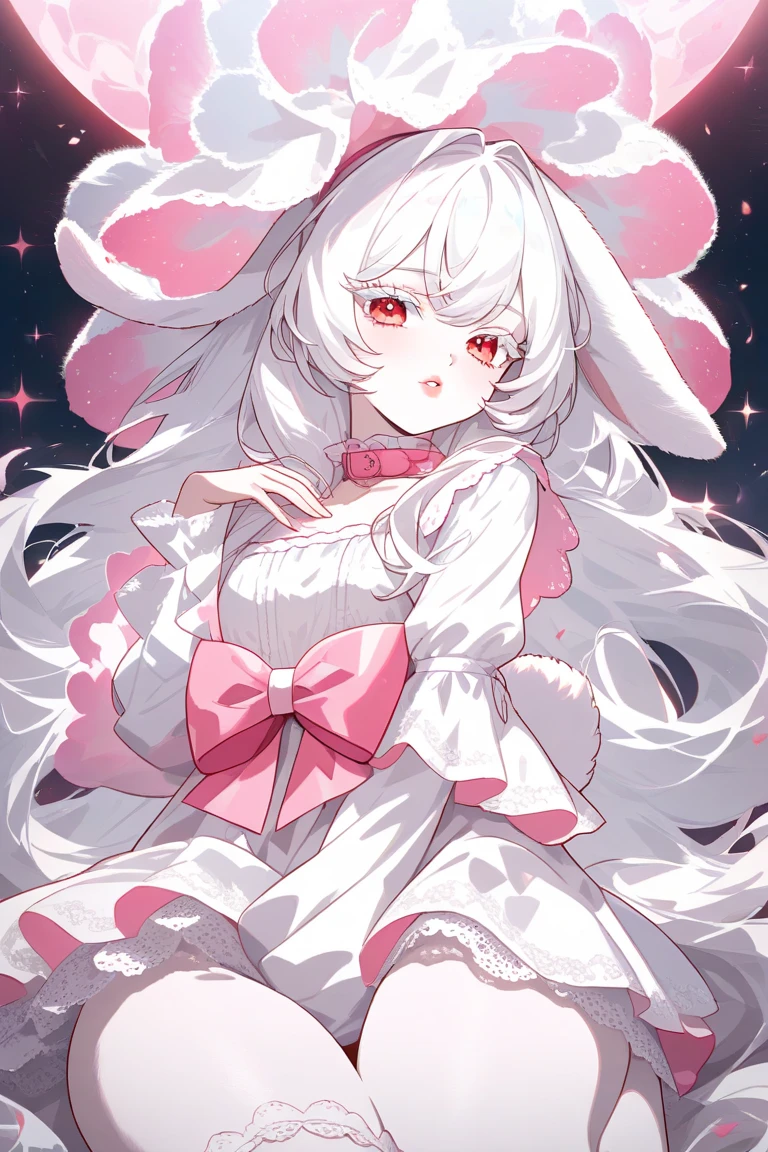 top-quality、 8K、 red eyes, white hair, long hair, One piece Dress, White cat ears, White cat tail, garter belt, garter straps, collar with bell, Nice、 Beautiful hair、 Beautiful eyes、 Beautiful skin、Beautiful legs、Beautiful arms、Perfect fingers、 Very cute、 Very kawaii、