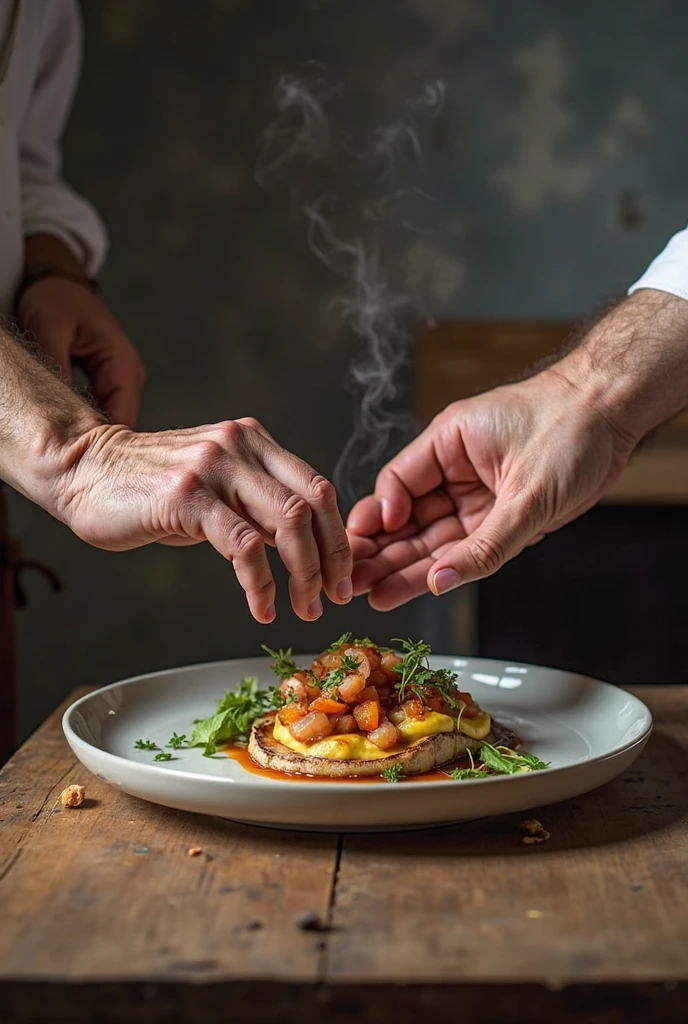 Old man hand with holding a plate of 5 star restaurant food,Realistic Digital art