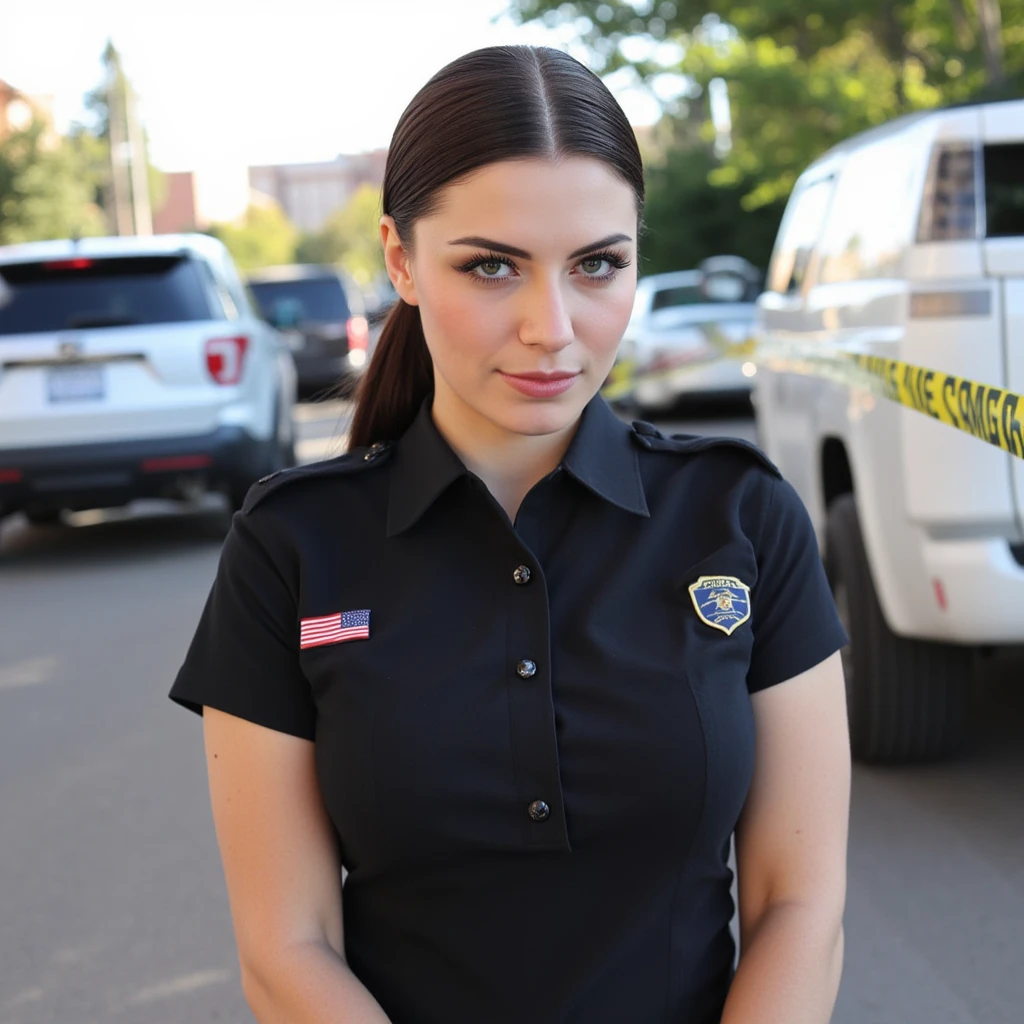 ((best quality)), ((masterpiece)), (detailed), perfect face, jill valentine, night, police car behind, injured, gun in hand, blue outfit, miniskirt