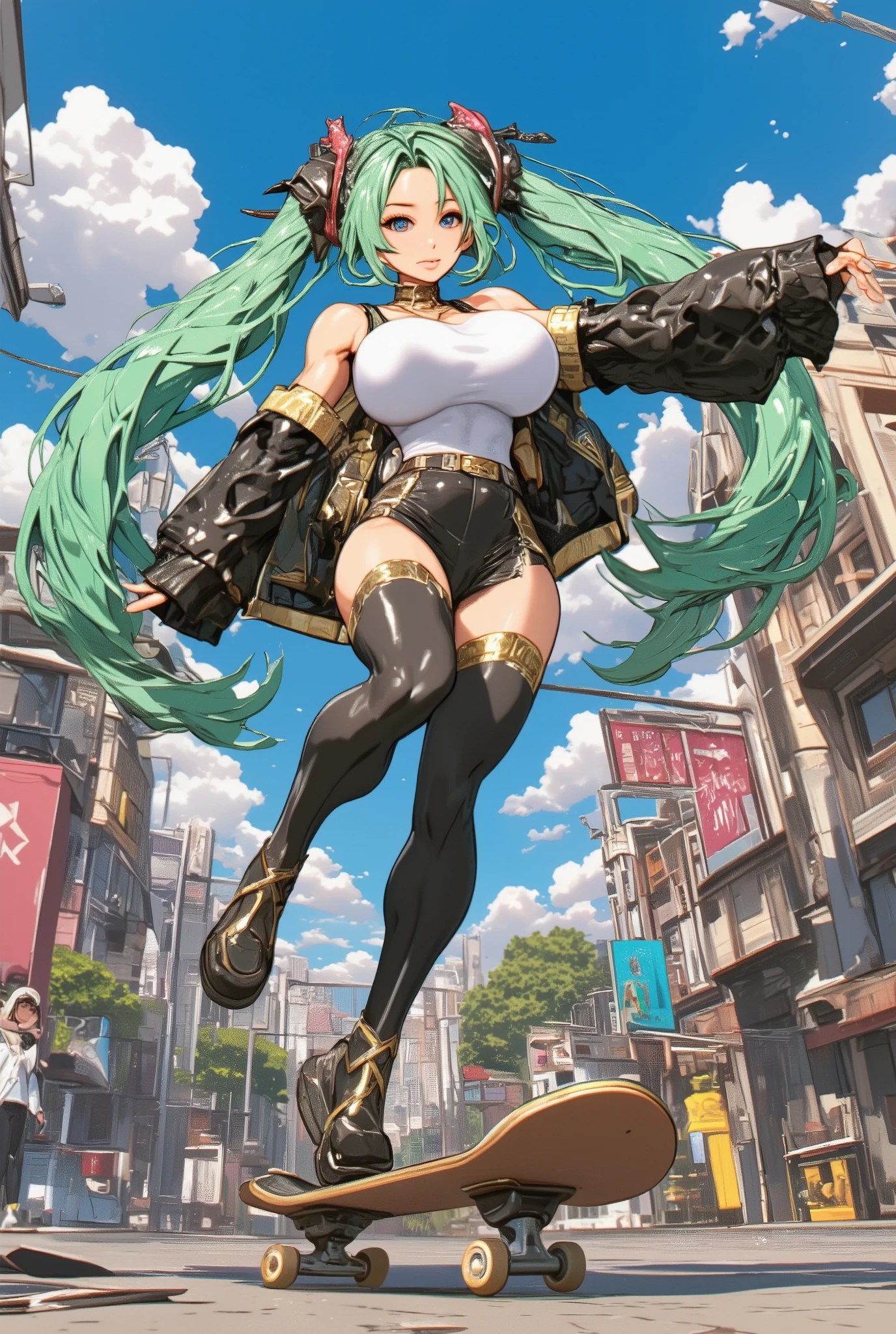 (score_9)、(score_8_up)、Rating:Blatant、、source_anime、(Round Breasts:1.5)、Nipples are hidden、(Pussyがのぞいている、Pussy:1)、(Large Breasts:1.8)、(Narrow waist、Thin Hips:1.2)、(No underwear:1.3)、BlueMary、short hair、blue eyes、pants、Crop top、turtleneck、belt、necklace、Fingerless gloves、Sideboob、Torn clothes、Grin、Big Mouth、