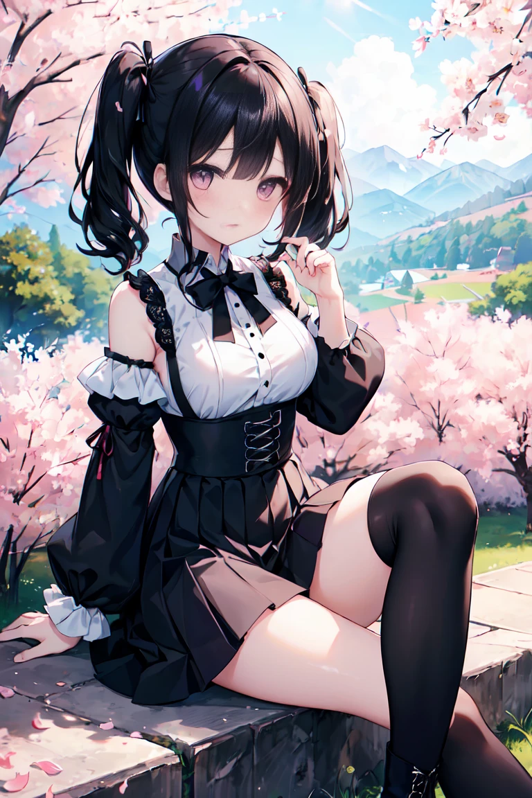 (masterpiece), Princess,Princess,Princess,black hair,small breasts,noble underwear, Natural light, realistic, diffused light, look up from below,vapor, (lift skirt), (urination), Pigtails,lace stockings 1,Luxury Long Dress,embarrassing red face,tiara.panniers,in front of the flower bed in the garden,Silk Fabric,