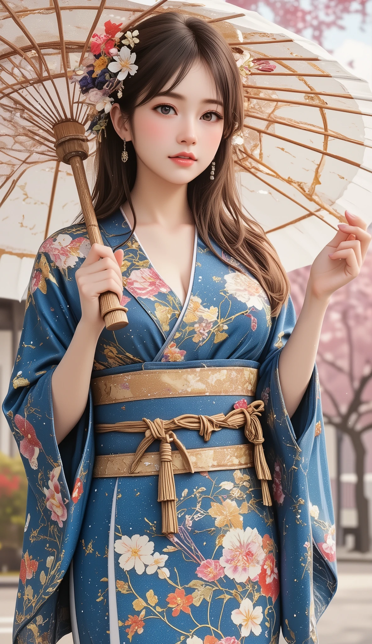 Woman holding a Japanese umbrella , Nishijin Textile Kimono , Japanese painting style , BEAUTIFUL ANIME STYLE PORTRAIT, Extra , detailed portraits of anime girls , Beautiful Anime Portrait , BEAUTIFUL ANIME WOMAN , digital animated illustration, Anime Style Portrait , Additional Art ,realistic, beautiful anime girl showing naked skin, anime-style digital art , animated illustration, ponytail, Navy Blue Kimono , Background is Sakura Fubuki