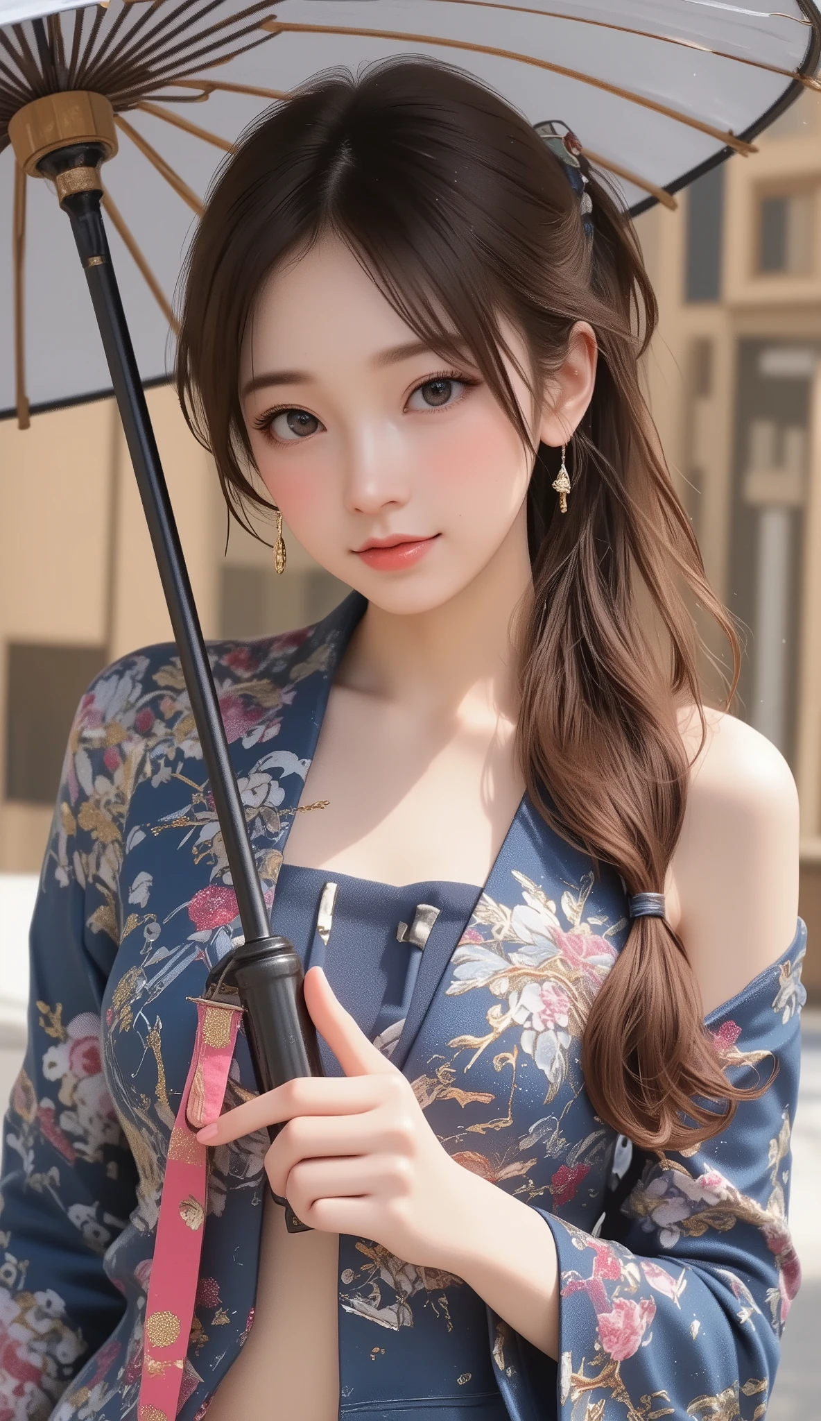 Woman holding a Japanese umbrella , Nishijin Textile Kimono  ,  Japanese painting style , BEAUTIFUL ANIME STYLE PORTRAIT, Extra ,  detailed portraits of anime girls ,  Beautiful Anime Portrait , BEAUTIFUL ANIME WOMAN , digital animated illustration,  Anime Style Portrait  ,  Additional Art ,realistic, beautiful anime girl showing  skin, anime-style digital art , animated illustration, ponytail,  Navy Blue Kimono , Background is Sakura Fubuki 