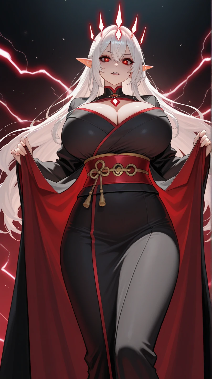 female, silver long hair, red eyes, tan skin, (((1girl))), (((red long robe with black accents))), (gold jewelry), (black thigh high heeled boots), (black skirt), (black panties), (black crown), cute and sexy, large breasts, large butt, full body, long legs, smiling, cleavage, shoulders exposed