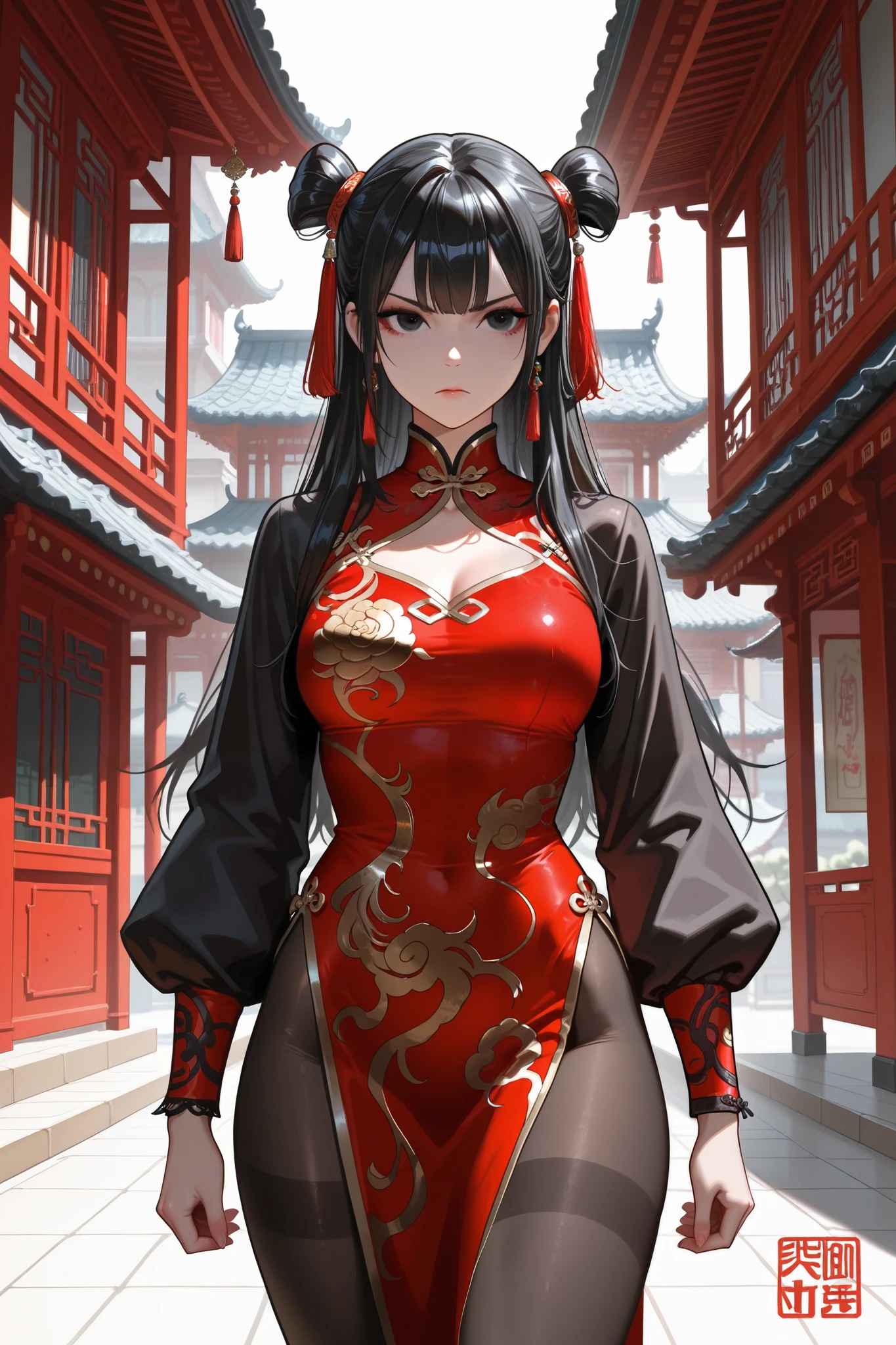 Anime girl in a red and black outfit walking down a street - SeaArt AI