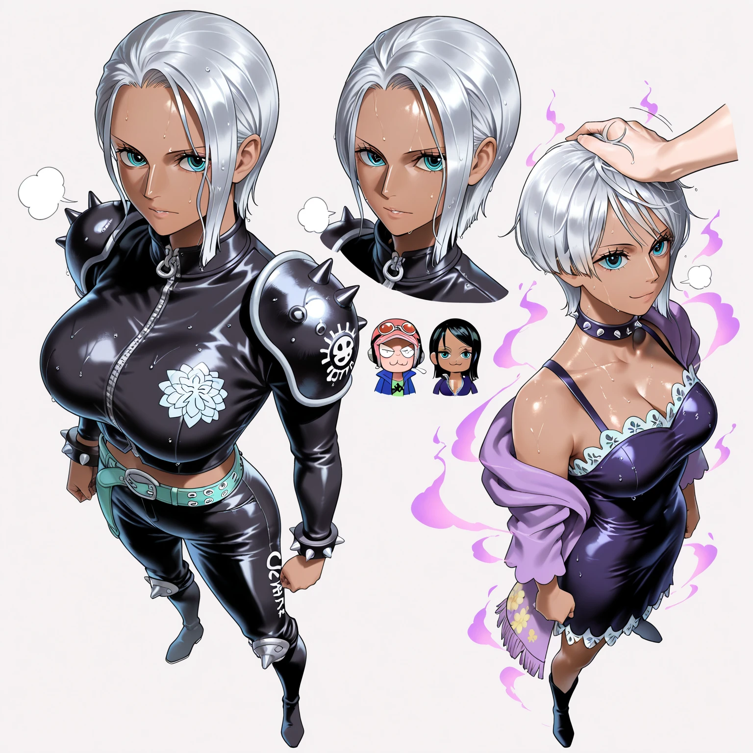 1990s style, dark fantasy anime illustration of a (mature MILF BIMBO Dark Elf with grey skin and short white hair), (UPPER BODY) perfect face, wearing tight leather stealth armor, stalking her victim at DAYLIGHT, ambient light, dark and moody, retro style, BIG KNOCKERS CLEAVAGE, lustful smirking smile red blush red cheeks, chain leash, kneeling, shackles, leather black collar slave, ((BLACK background))