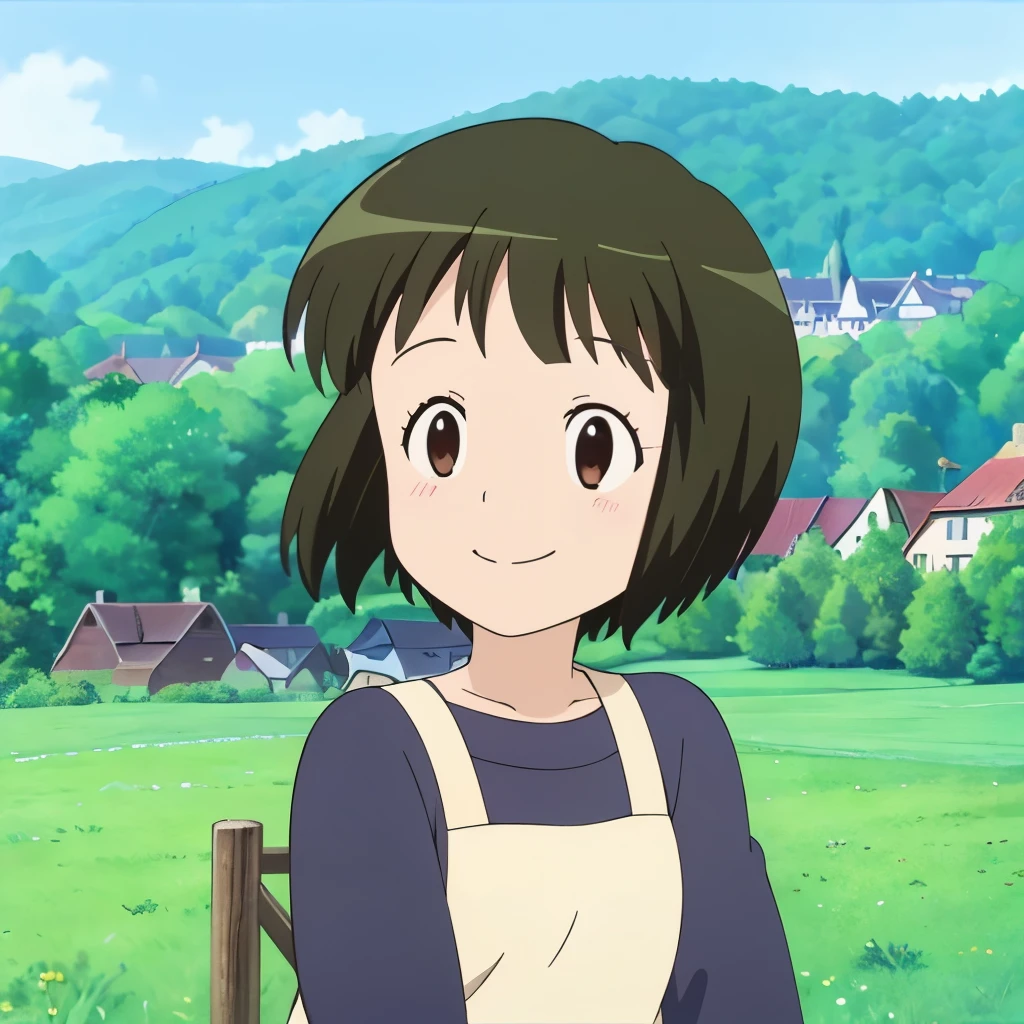She wears a beautiful rustic blue dress with a white apron, a village dress, a village landscape background, a simple style, a Ghibli style, smiling and laughing enthusiastically, a very close view of the face