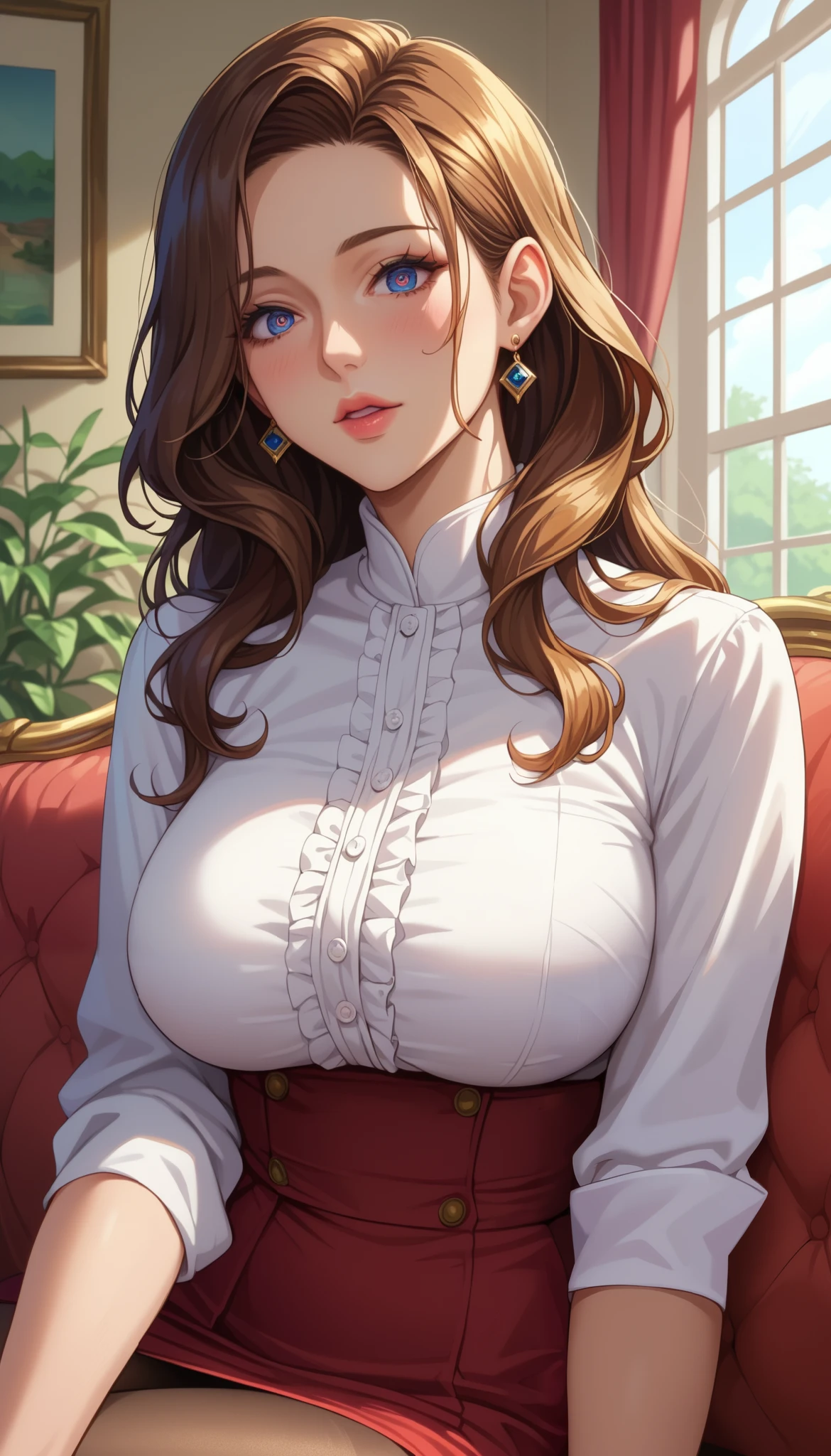 Girl seen from the side , Vol sidewaystuous women, Older, Big Breasts, mature woman, of motherhood, wide waist , score_9, score_8_ sideways, score_7_ sideways, score_6_ sideways, source_anime, beautiful face, expressive eyes, detailed eyes panty pants on pantyhose , alone, close- sideways, sitting , Sofa, indoor, Scenery, dramatic lighting, anime screencap, Enchanting Smiles、surprised expression