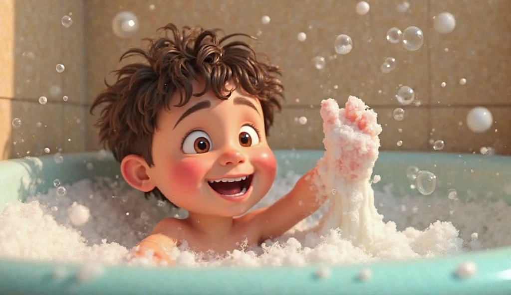 Create an animated image of a -year-boy w dark brown curly hair washing his hands