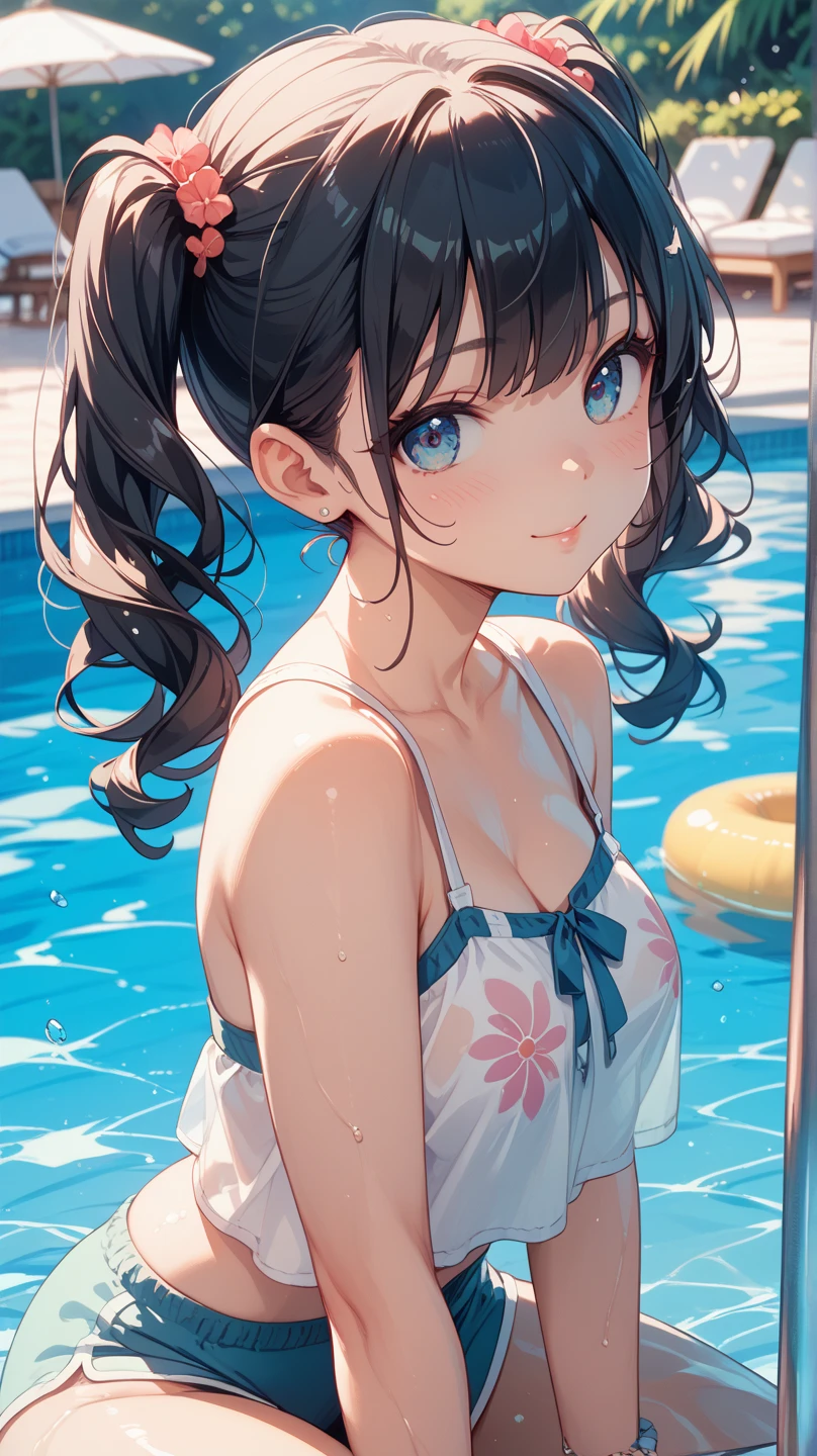 (nsfw:1.2), (perfect anatomy, balanced proportions, extremely cute illustration:1.1), poolside, blond hair, blue eyes, wavy long hair, ponytail, hairstyle with the bangs cut in half, (arms behind head, armpits:1.2), (embarrassed, smiling:1.2), (detailed gorgeous pink idol costume like swim suitwith a lot of frills), baby face, (little girl;1.2), (cute round face),