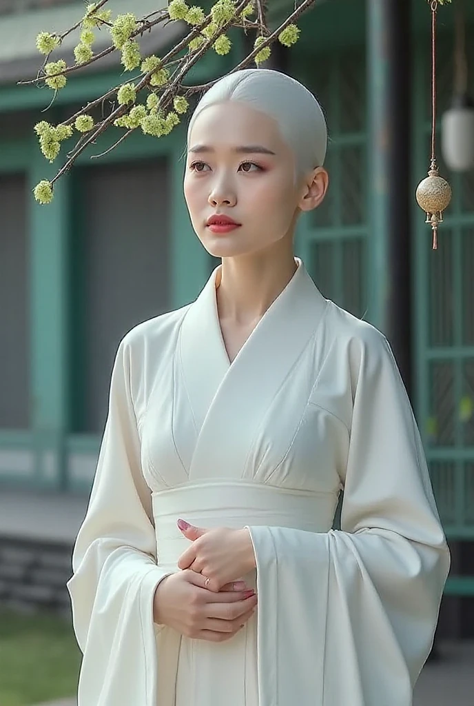 A young woman with no hair, completely bald, showcasing her smooth scalp, with light milky white porcelain skin, wearing an intricately embroidered white Hanfu, sitting gracefully on the floor of a grand Chinese palace with red pillars and golden decorations. Her bare feet and hands are visible, exuding an ethereal beauty and subtle allure through her relaxed yet elegant pose. She is a beautiful fantasy queen, depicted in a soft, dreamy fantasy art style with gentle lighting