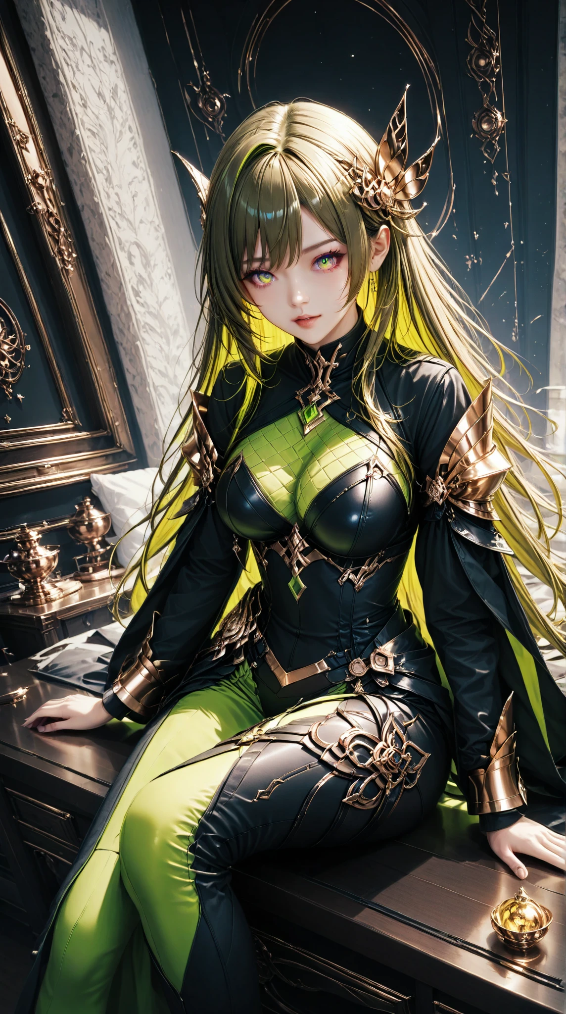 masterpiece, highest quality, (solo focus), (perfect face:1.1), (full body), (high detail:1.1), (hyper-detailed eyes), dramatic, a woman with pale skin and voluminous dark green-black hair, green eyes, solo, two-toned hair, arrogant expression, cybernetic outfit, heels, art by artgerm, cinematic lighting, fashion, BalenciagaStyle