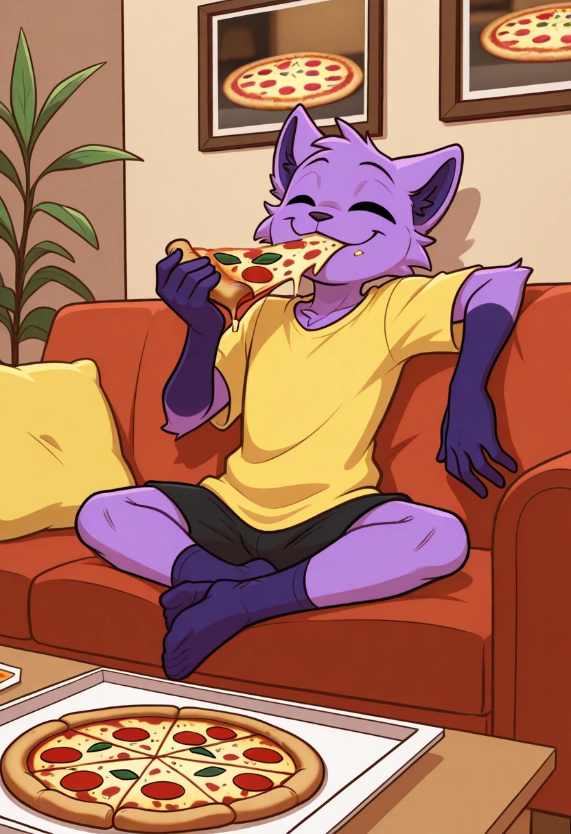 MelhorCatnep (Time to play with the poppy) on the couch eating a pizza, relaxed posture, Enjoying pizza, comfortable environment, normal decor