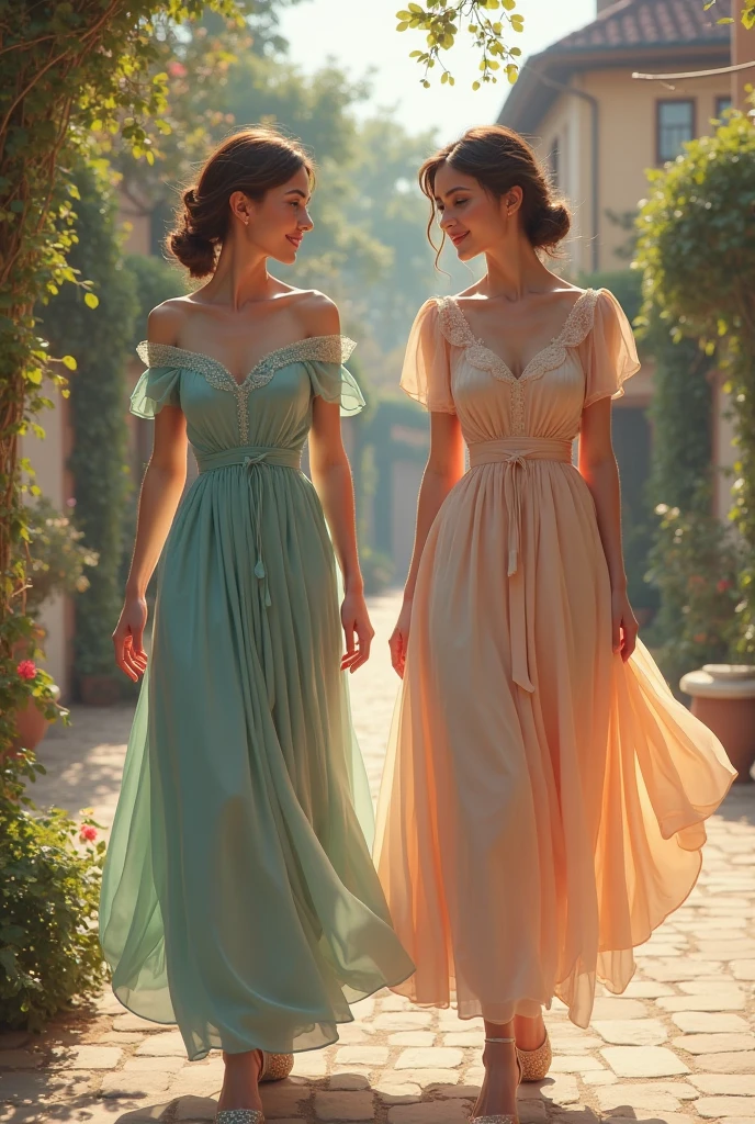 a young woman in a long, flowing dress, walking down a city street carrying shopping bags, another young woman in a similar dress walking beside her, bright sunlight illuminating the scene, ultra-realistic, highly detailed, sharp focus, vibrant colors, photorealistic, 4k, masterpiece