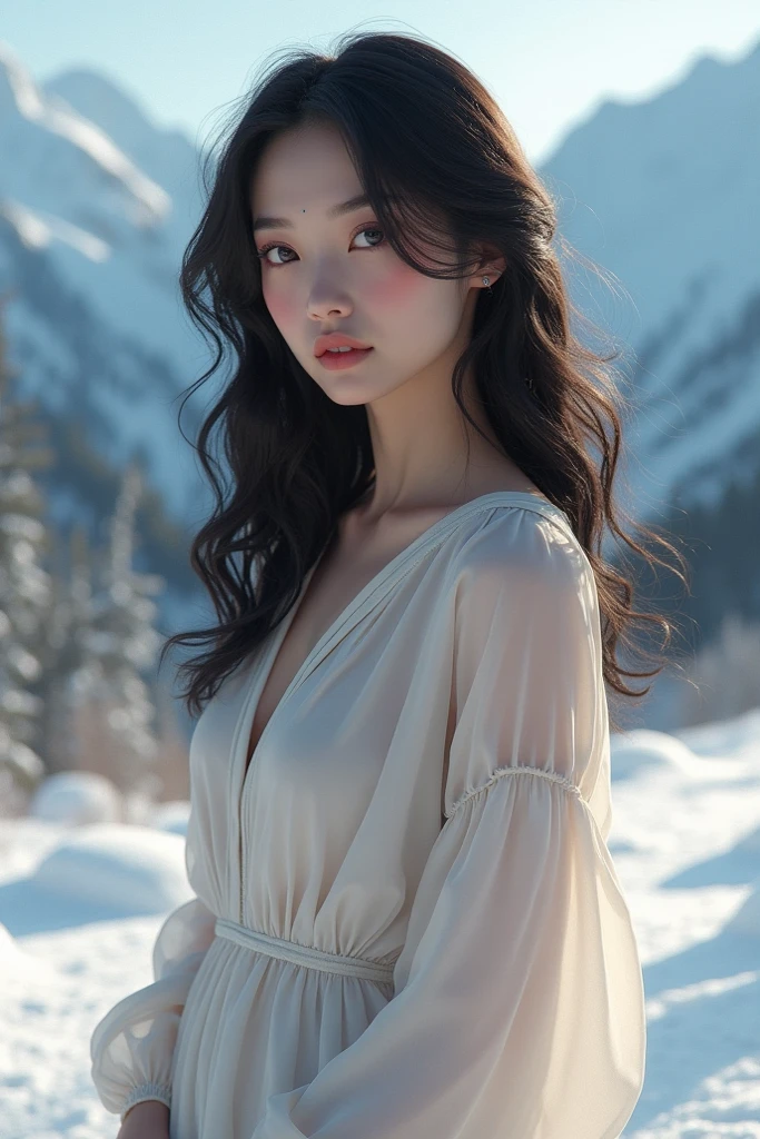 a mature 40s female teacher, beautiful detailed eyes, beautiful detailed lips, extremely detailed face and skin, long hair flowing down shoulders, teasing smile, satin panties, looking back coyly, (best quality,4k,8k,highres,masterpiece:1.2),ultra-detailed,(realistic,photorealistic,photo-realistic:1.37),beautiful lighting,dreamy atmosphere,cinematic,high quality portrait,elegant,sensual,provocative a snowy winter landscape in siberia, snow covered pines, frozen lake, beautiful detailed sky, dramatic lighting, highly detailed, (best quality,4k,8k,highres,masterpiece:1.2),ultra-detailed,(realistic,photorealistic,photo-realistic:1.37),stunning scenery, soft lighting, atmospheric, cinematic composition, muted color palette, cold tones