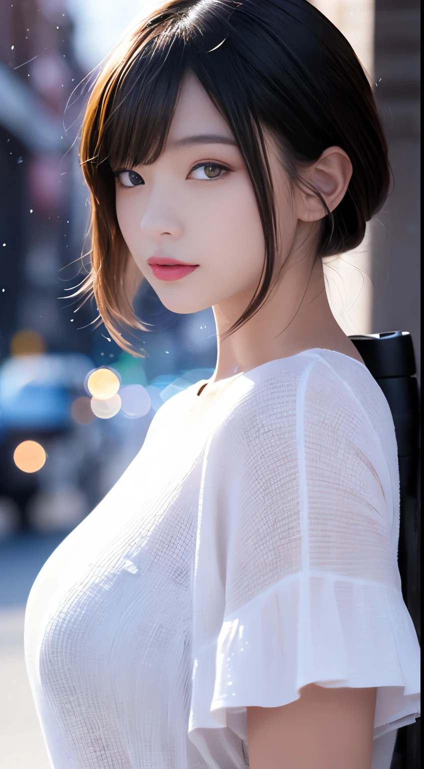 A woman stands under a blue umbrella, [ photos realistic ]!!, krystal, profile of anime girl, closeup Iwakura Lain, sakimichan, in a sunny day, ulzzangs, chiho, Photography], sun yunjoo, bae suzy, advertisement picture, Girl with brown hair, park ji-min