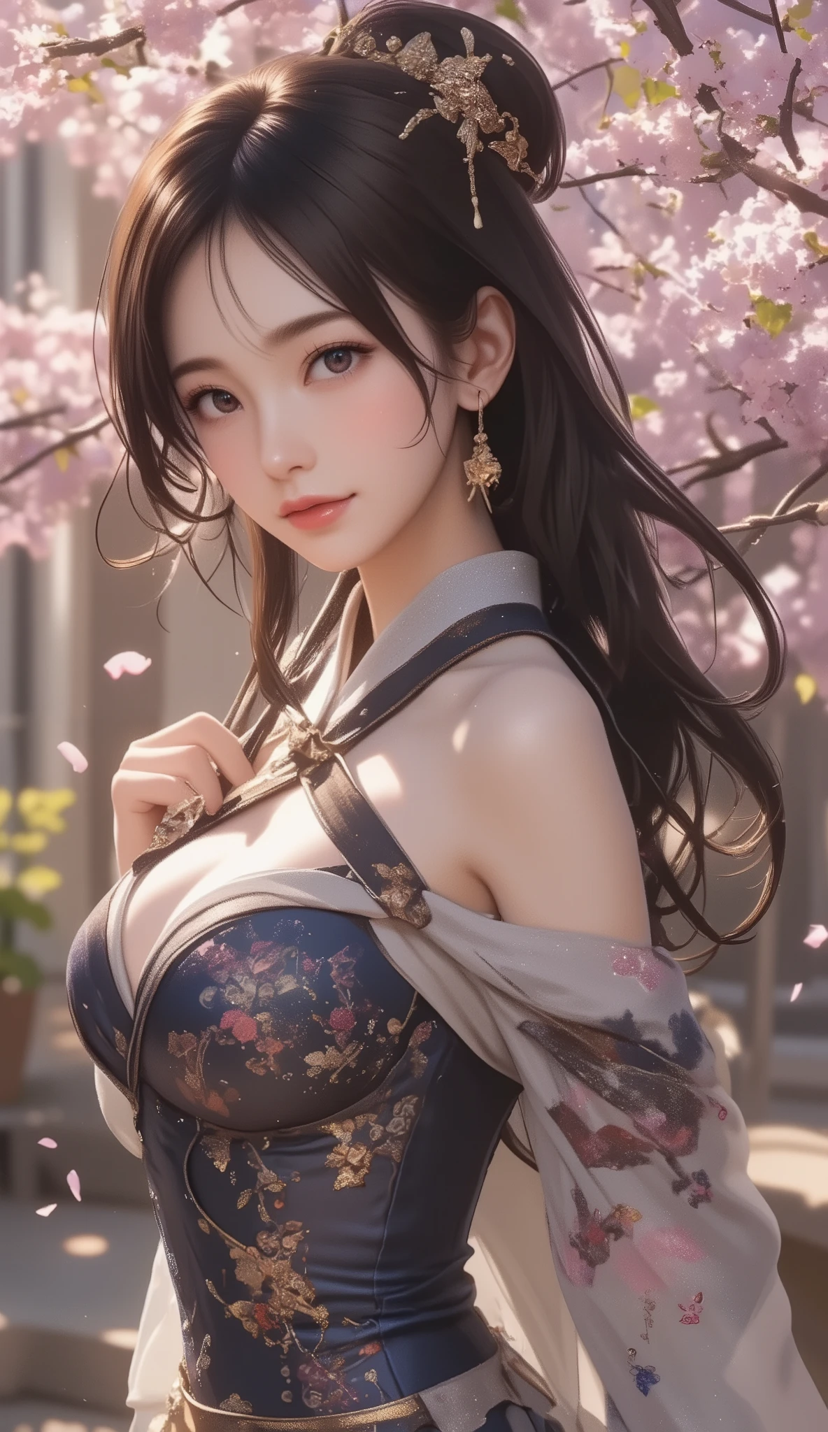 Woman holding a Japanese umbrella , Nishijin Textile Kimono , Japanese painting style , BEAUTIFUL ANIME STYLE PORTRAIT, Extra , detailed portraits of anime girls , Beautiful Anime Portrait , BEAUTIFUL ANIME WOMAN , digital animated illustration, Anime Style Portrait , Additional Art ,realistic, beautiful anime girl showing naked skin, ((large breasts:1.2), (huge breasts:1.2), (Uplifted and well-defined bust:1.2), (lifted chest:1.2), (perky breasts :1.2),(deep cleavage:1.4), anime-style digital art , animated illustration, ponytail, Navy Blue Kimono , Background is Sakura Fubuki